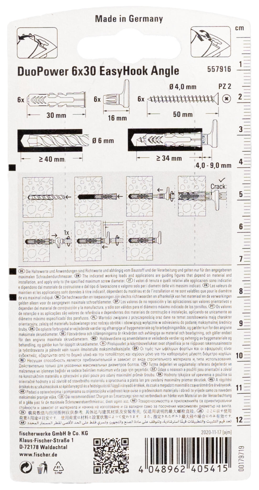 Lot de 6 Cheville pour tout type de mur duopower Dupower+easy hook FISCHER, Ø6 x - 10