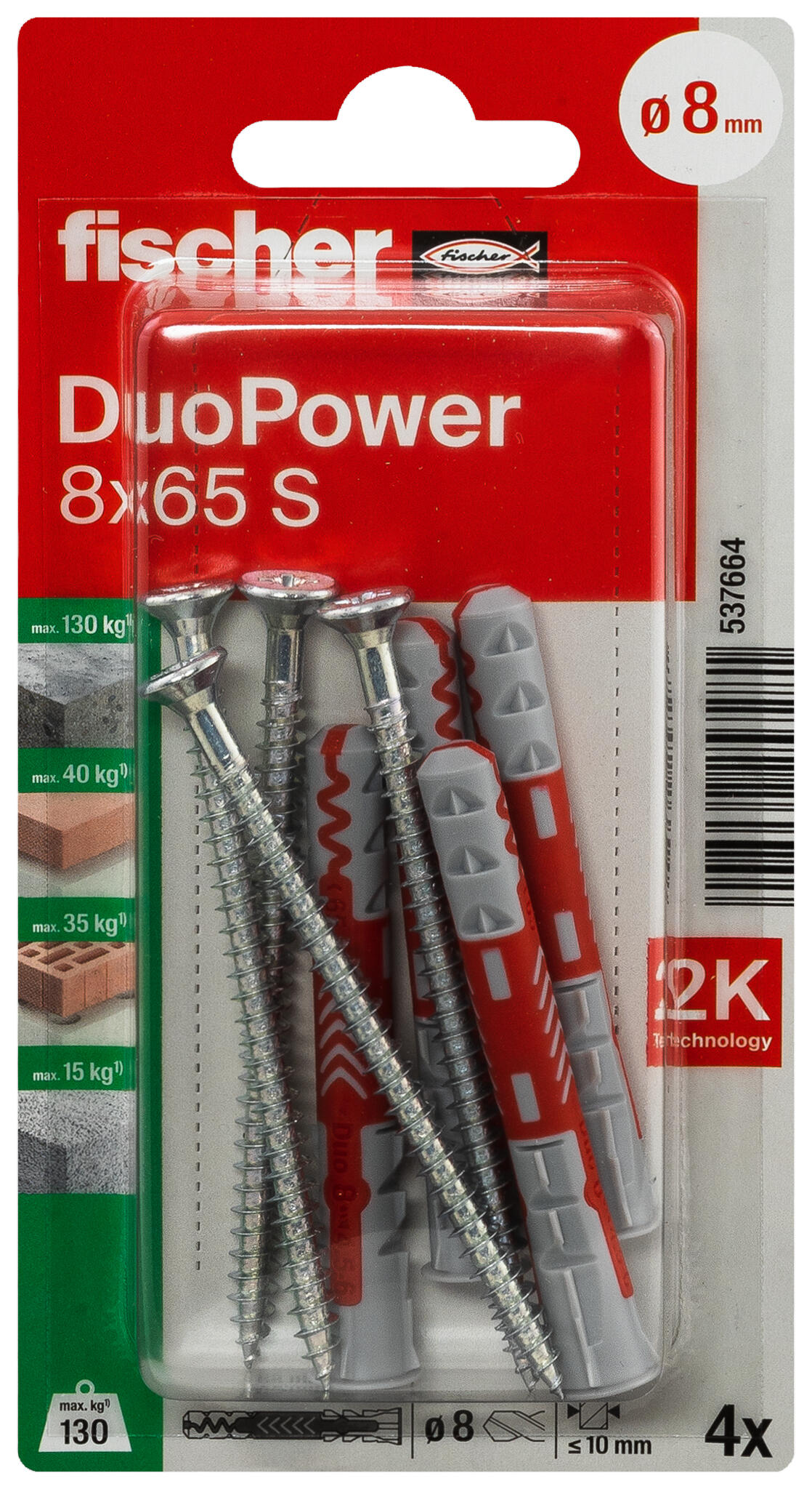 4 buchas e parafusos FISCHER PFS MULTIMATERIAL D8X65MM DP - 6