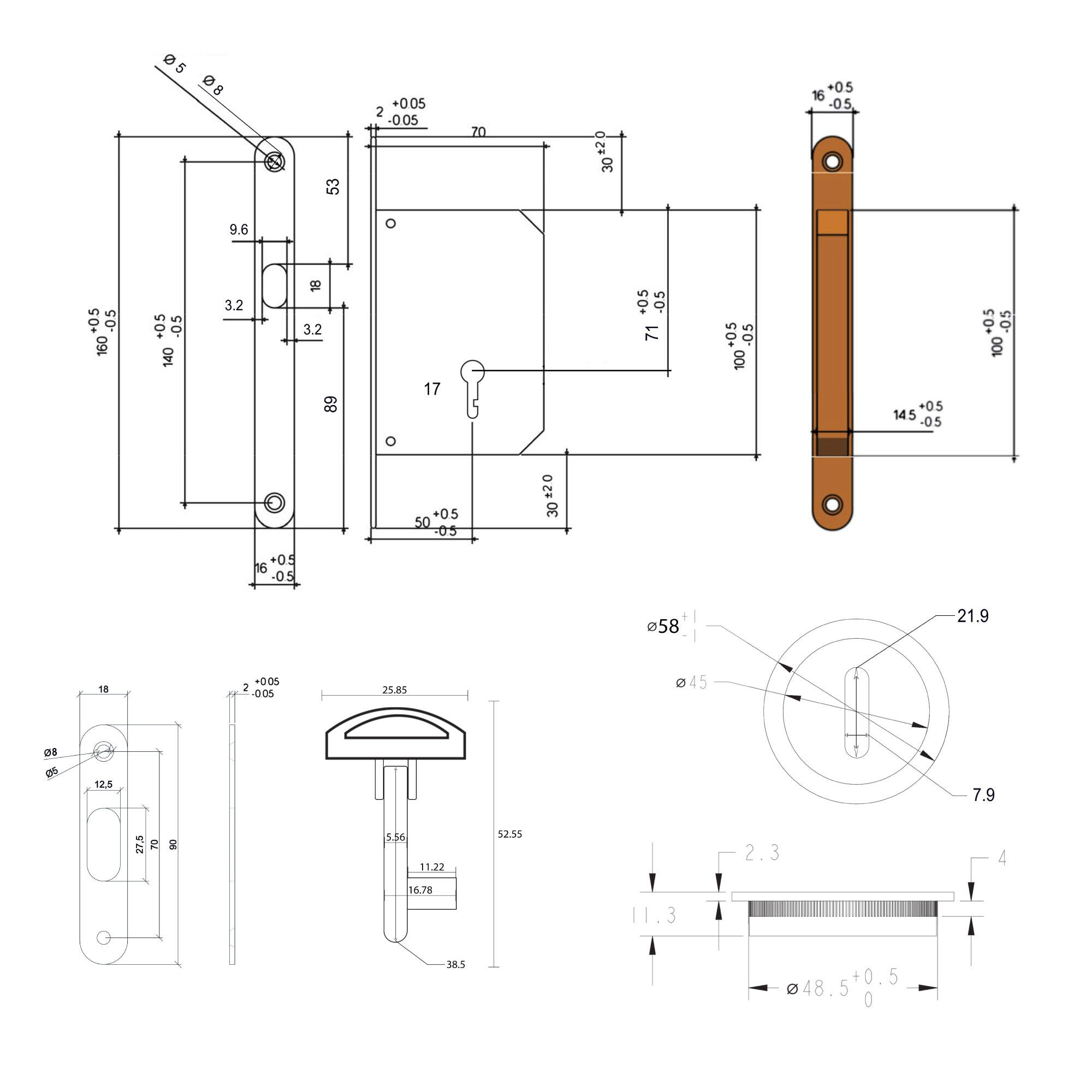 Kit serrure à clé+ poignée cuvette ronde inox Ø58mm - 3