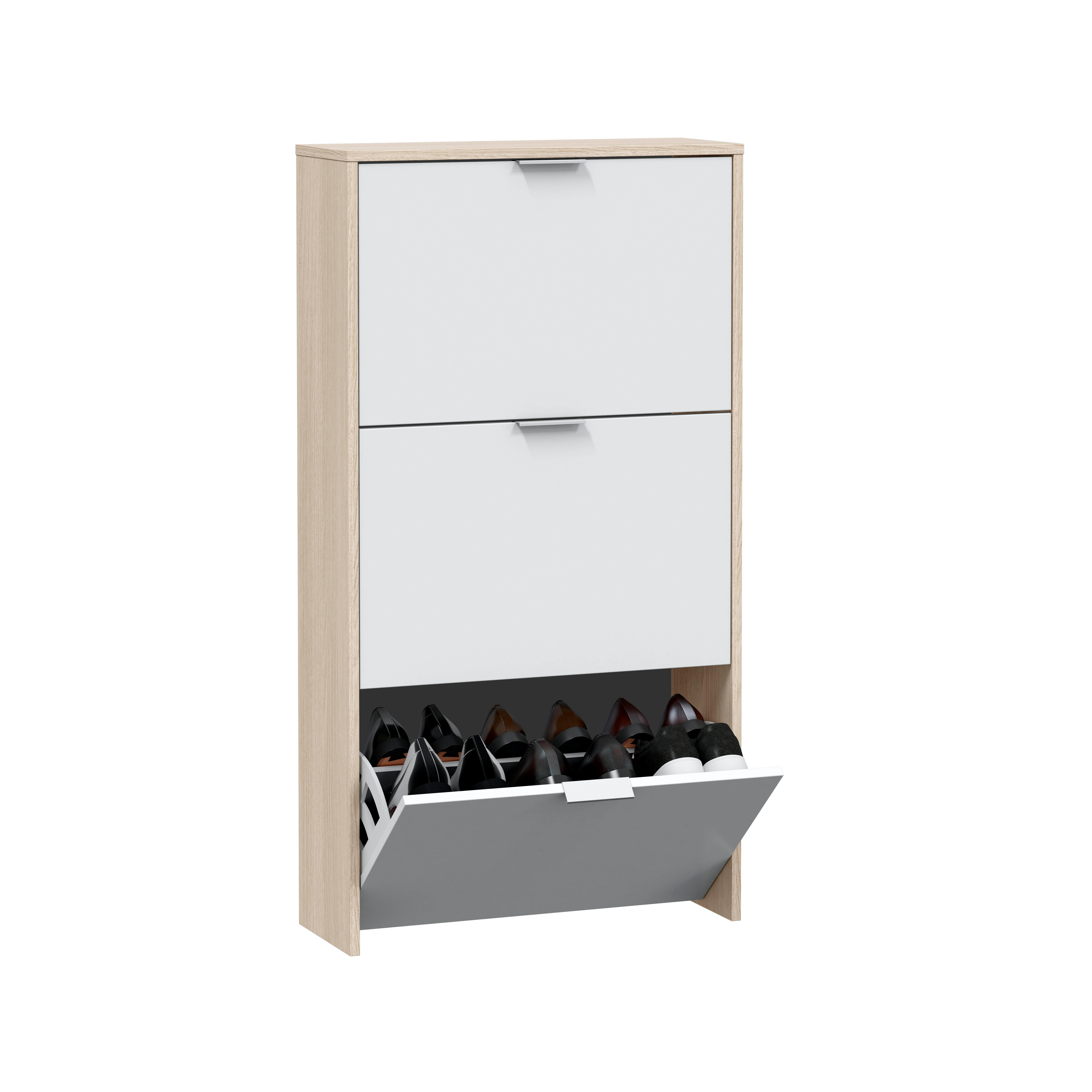 Zapatero Caprizzio con 3 compartimentos para 18 pares en melamina color blanco brillante y roble natural 60x113x22 cm - 5
