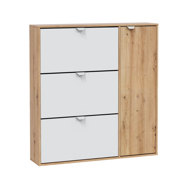 Zapatero Garona con 4 compartimentos para 24 pares en melamina color blanco y roble 105x112x24 cm