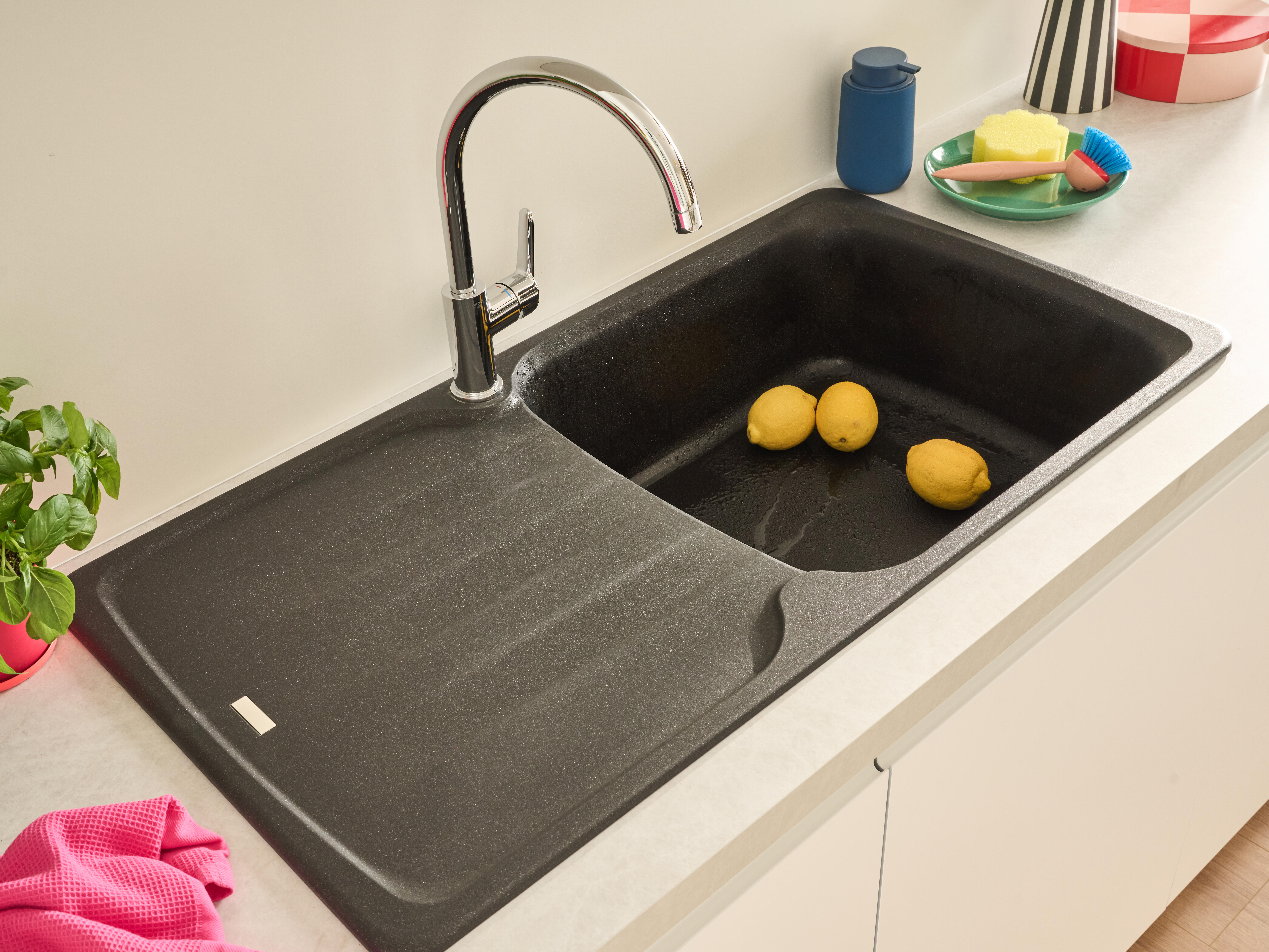 Evier 1 Grand bac 1 égouttoir, Granit et Résine AZUR Noir - 3