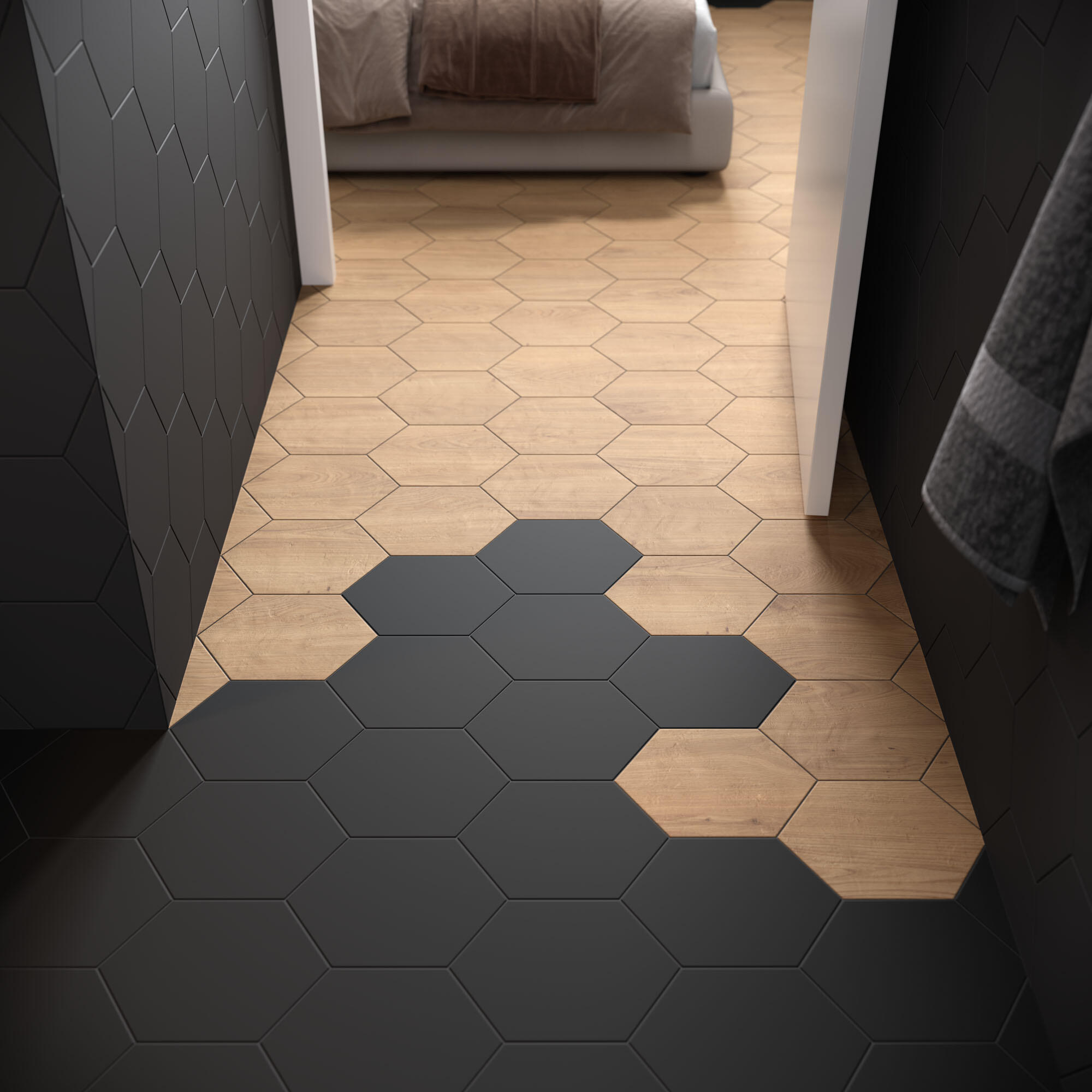 Carrelage sol intérieur noir mat matière hexagone l.27 x L.27 cm 1,18M2 - 2