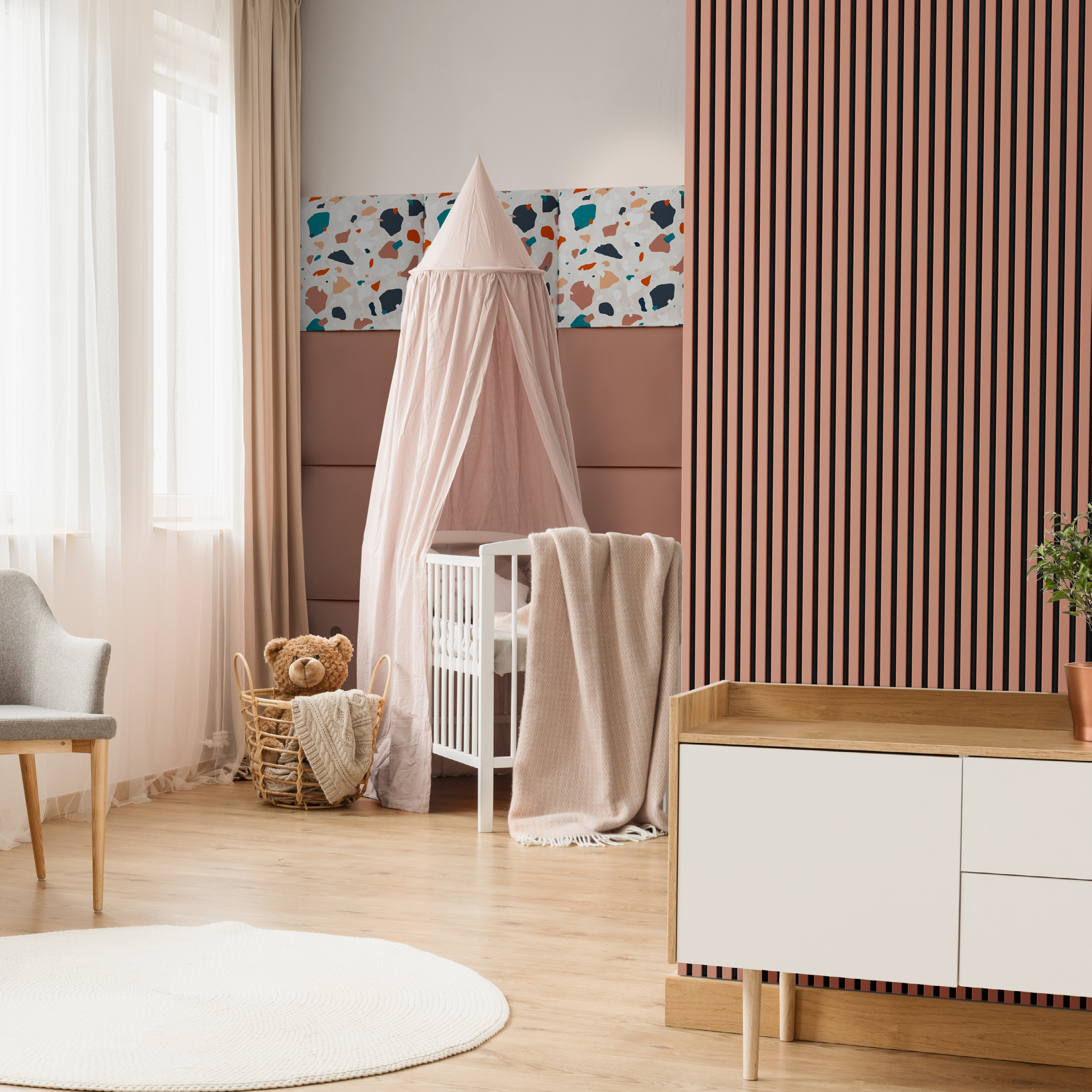 Revestimiento de pared palillería efecto 3D MDFacústico color teja/negro de 265x25 cm - 9