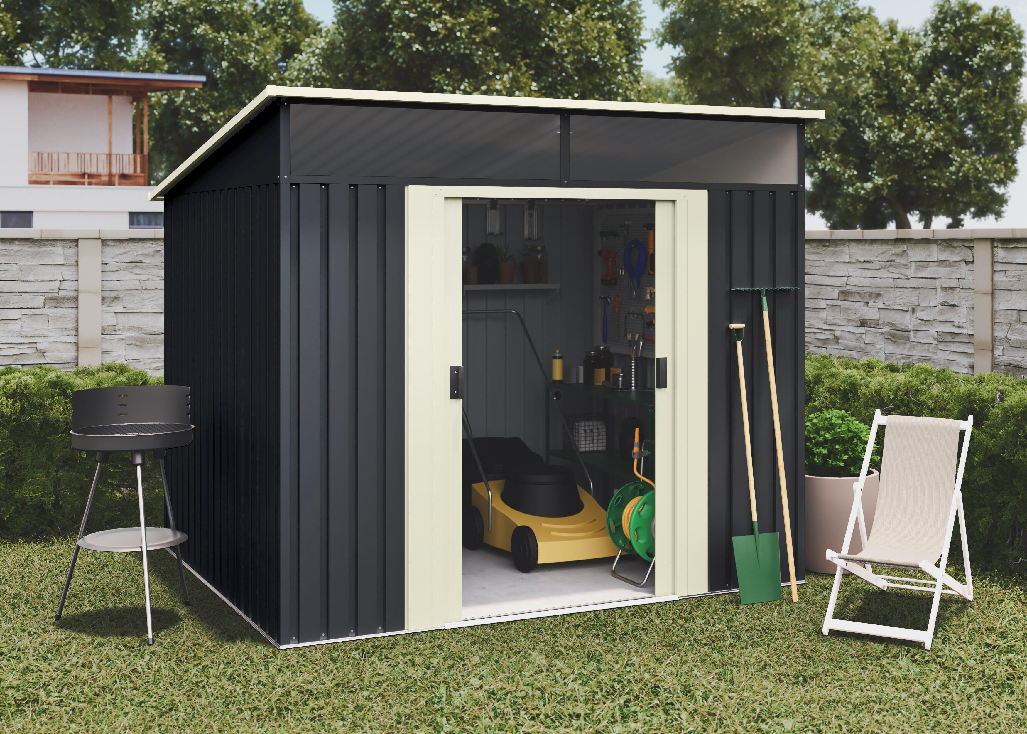 Caseta de acero Malmo II de 239x203x236 cm y 5.6 m2 con 0.25 mm espesor y doble puerta corredera HOGGAR - 3