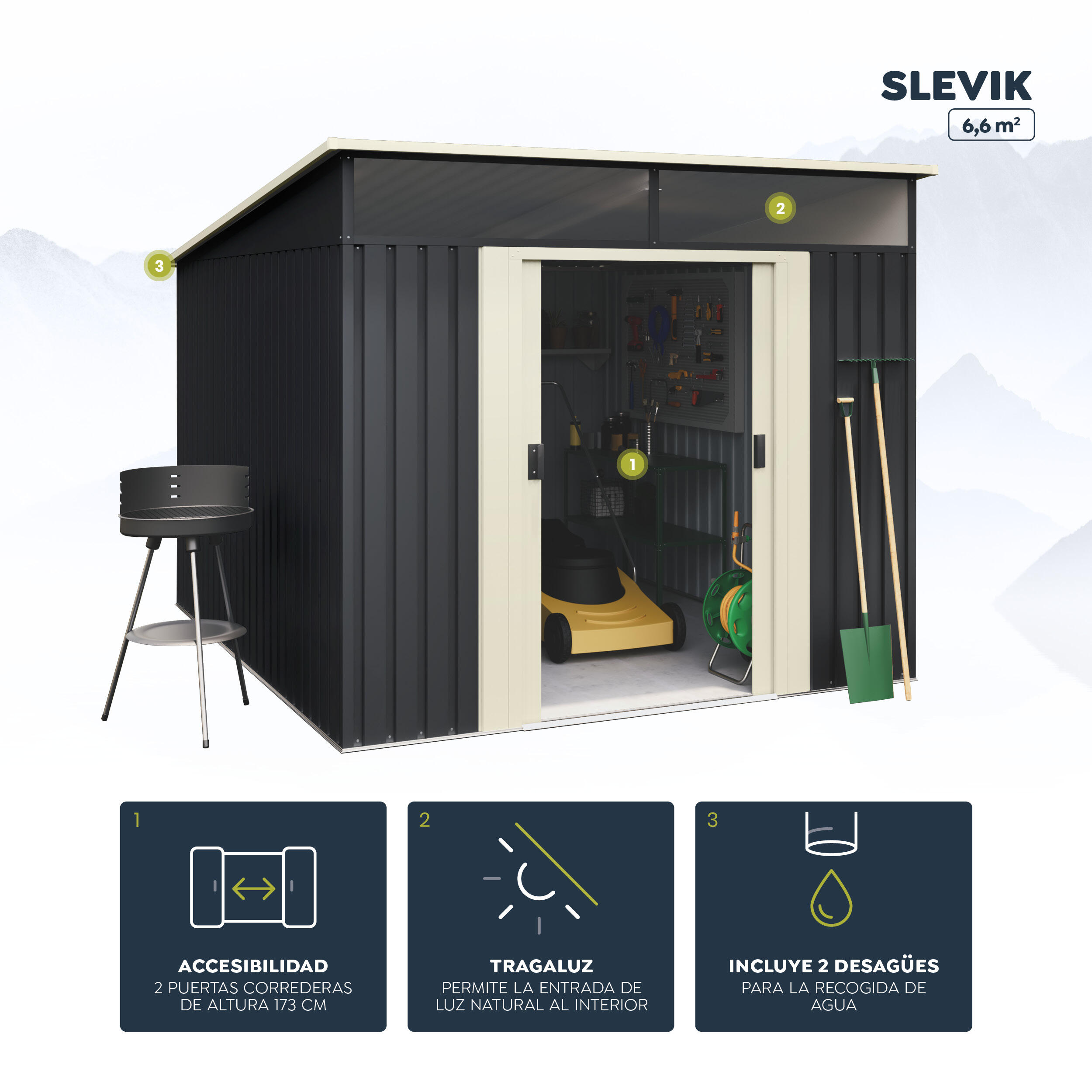 Caseta de acero Slevik II de 238x203x279 cm y 6.6 m2 con 0.25 mm espesor y doble puerta corredera HOGGAR - 7