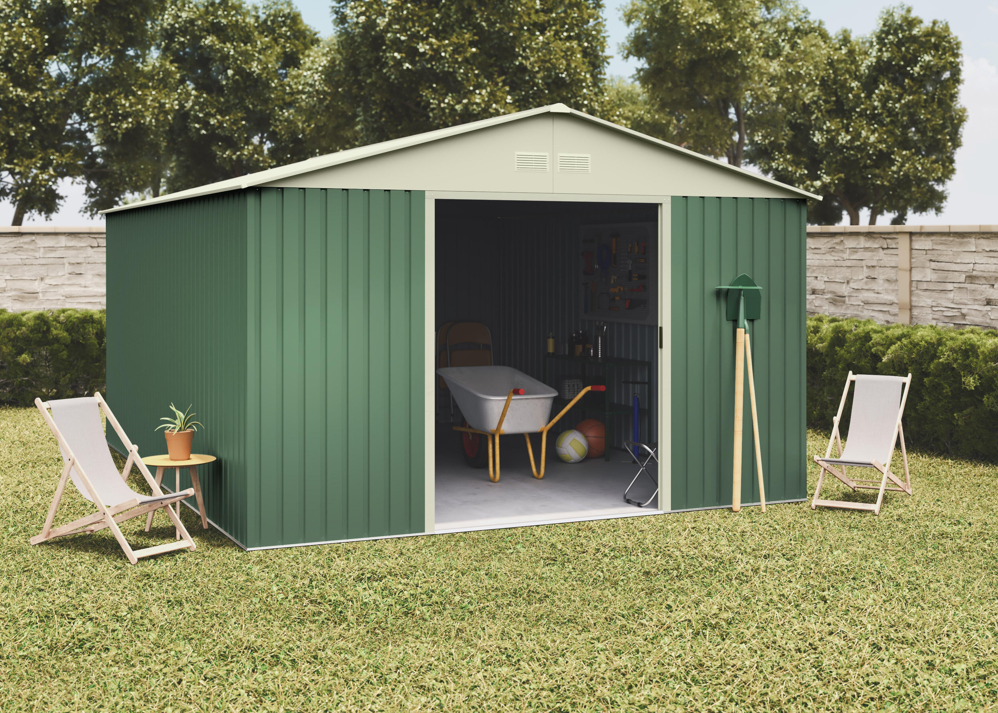 Caseta de metal Anjala de 343x223x452 cm y 15.5 m2 con 0.25 mm espesor y doble puerta corredera HOGGAR - 3