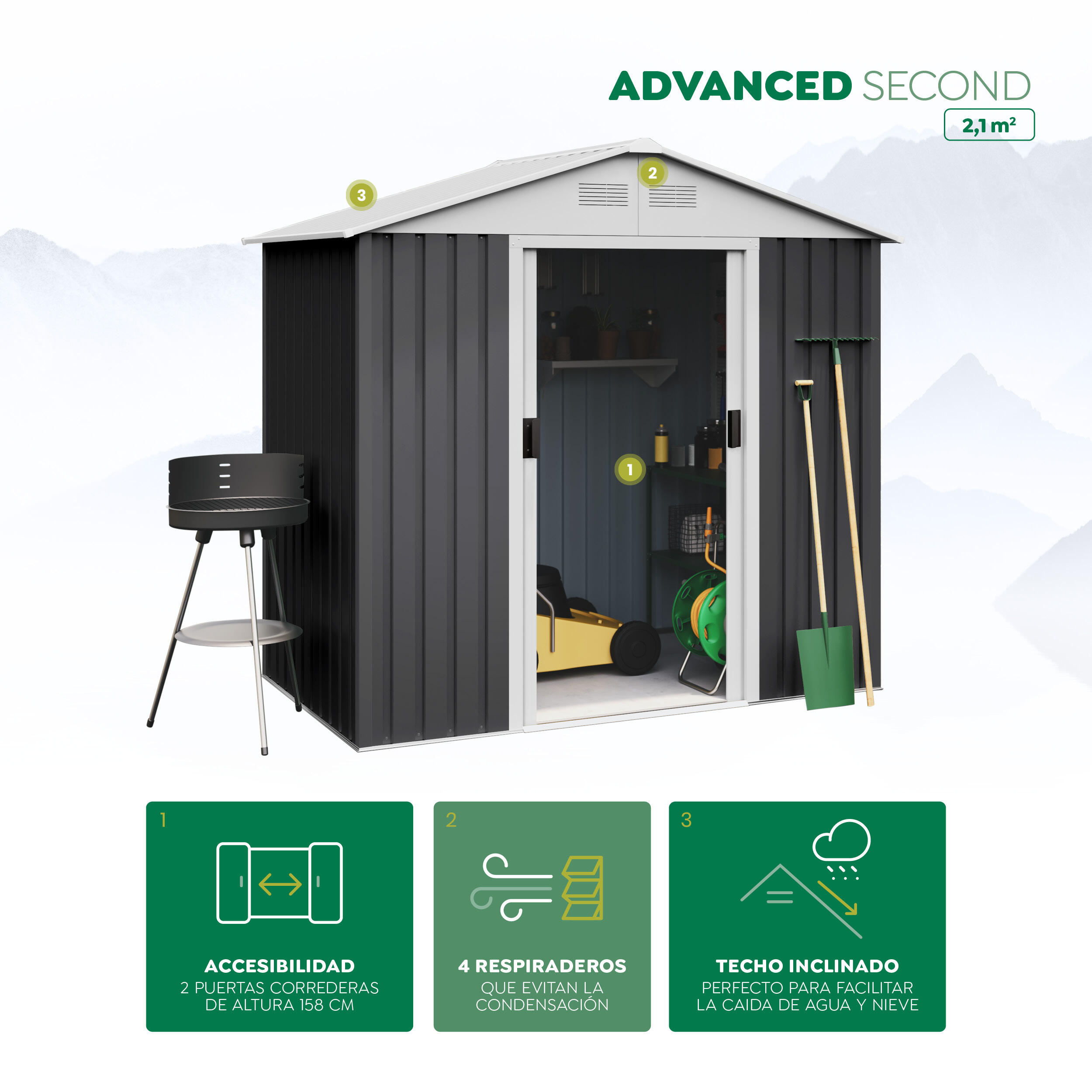 Caseta de metal Advanced Second de 215x190x190 cm y 4.1 m2 con 0.25 mm espesor y doble puerta corredera HOGGAR - 4