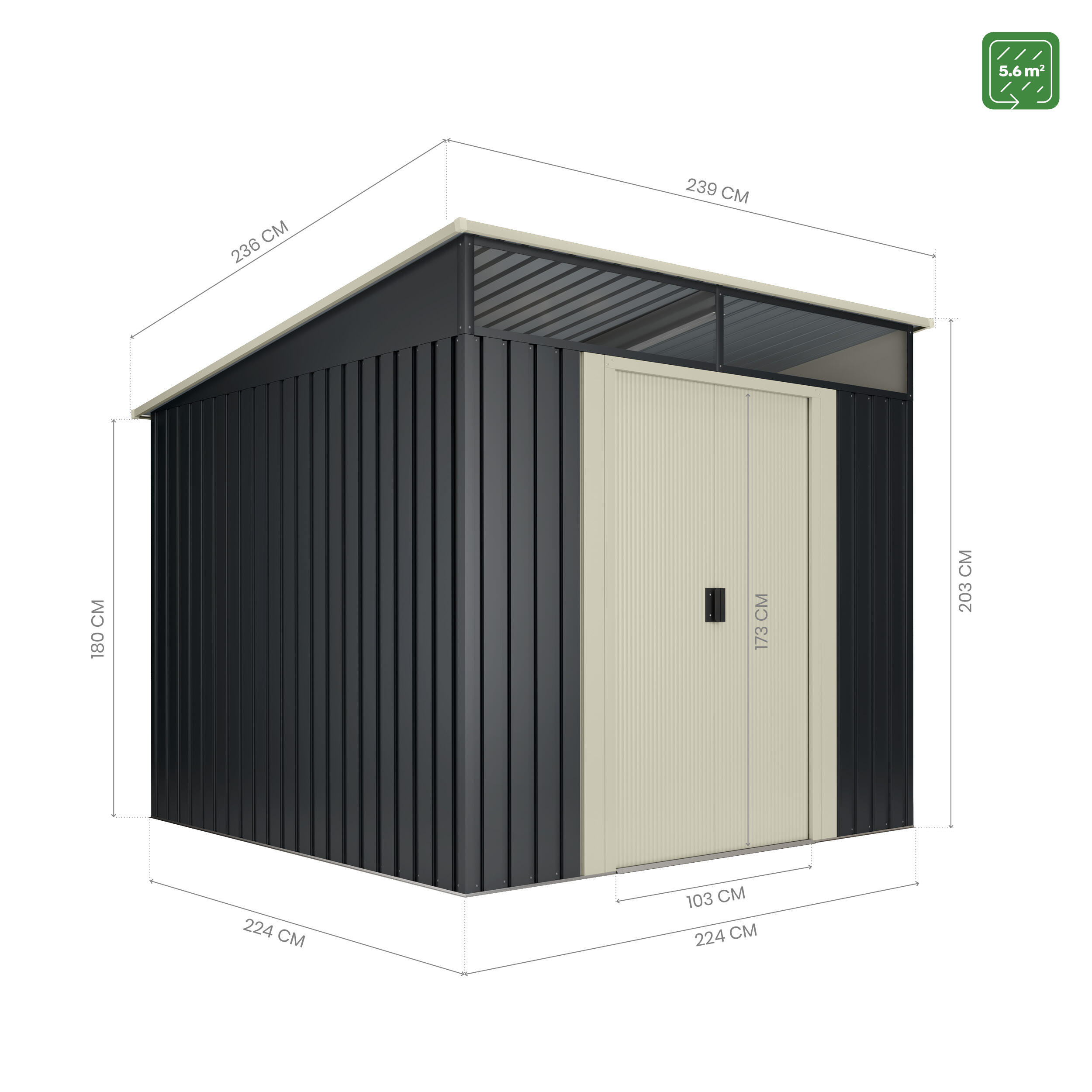 Caseta de acero Malmo II de 239x203x236 cm y 5.6 m2 con 0.25 mm espesor y doble puerta corredera HOGGAR - 2