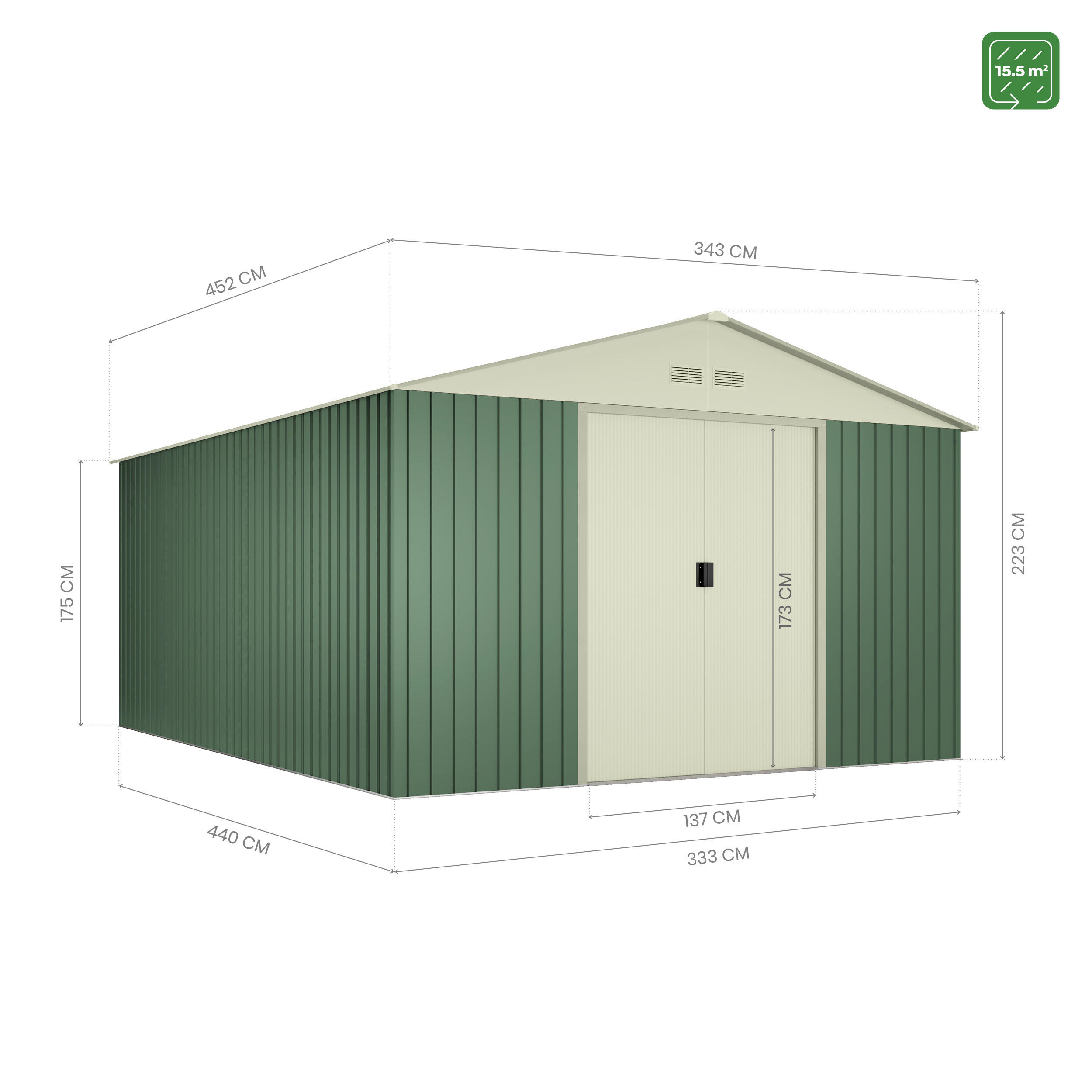 Caseta de metal Anjala de 343x223x452 cm y 15.5 m2 con 0.25 mm espesor y doble puerta corredera HOGGAR - 2