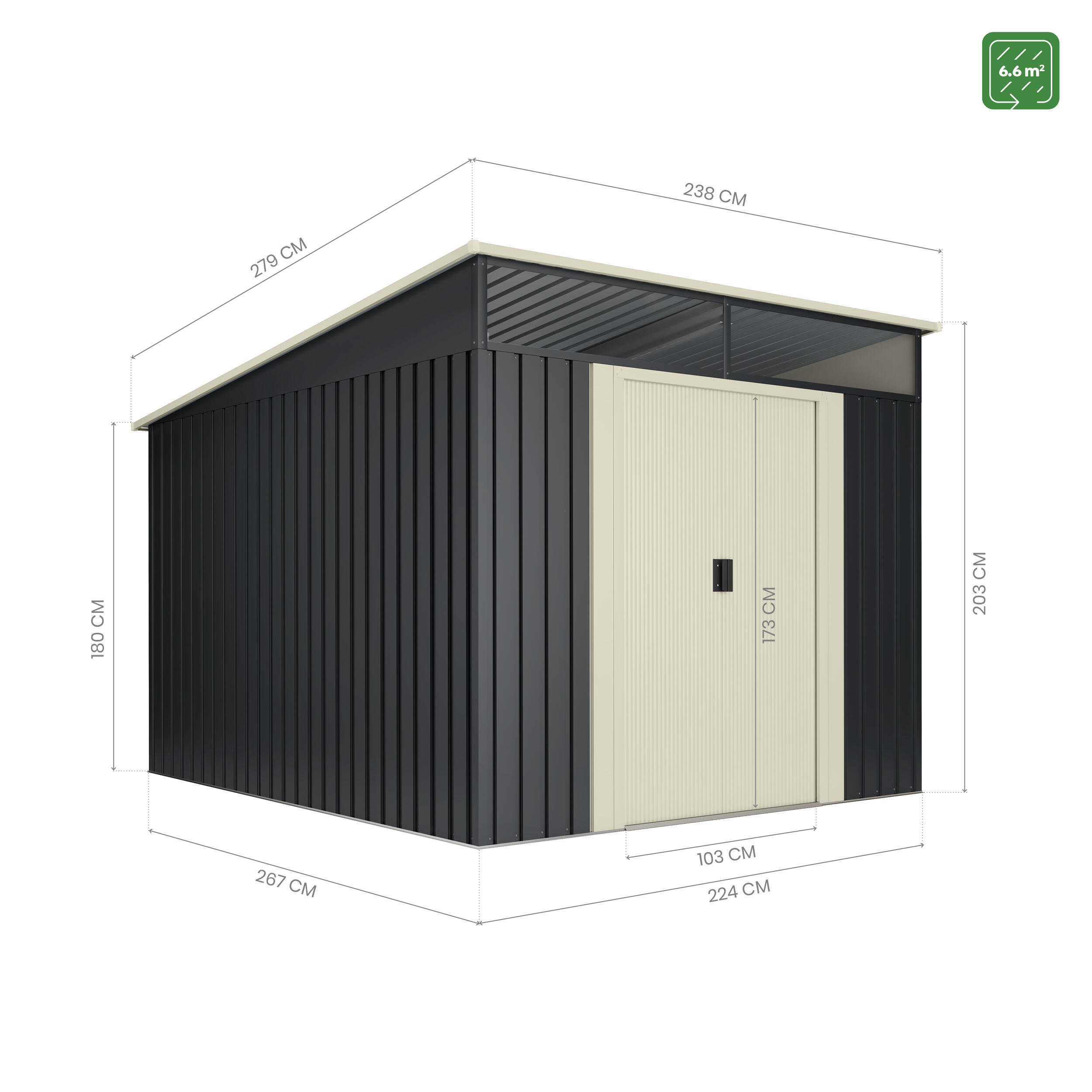 Caseta de acero Slevik II de 238x203x279 cm y 6.6 m2 con 0.25 mm espesor y doble puerta corredera HOGGAR - 2