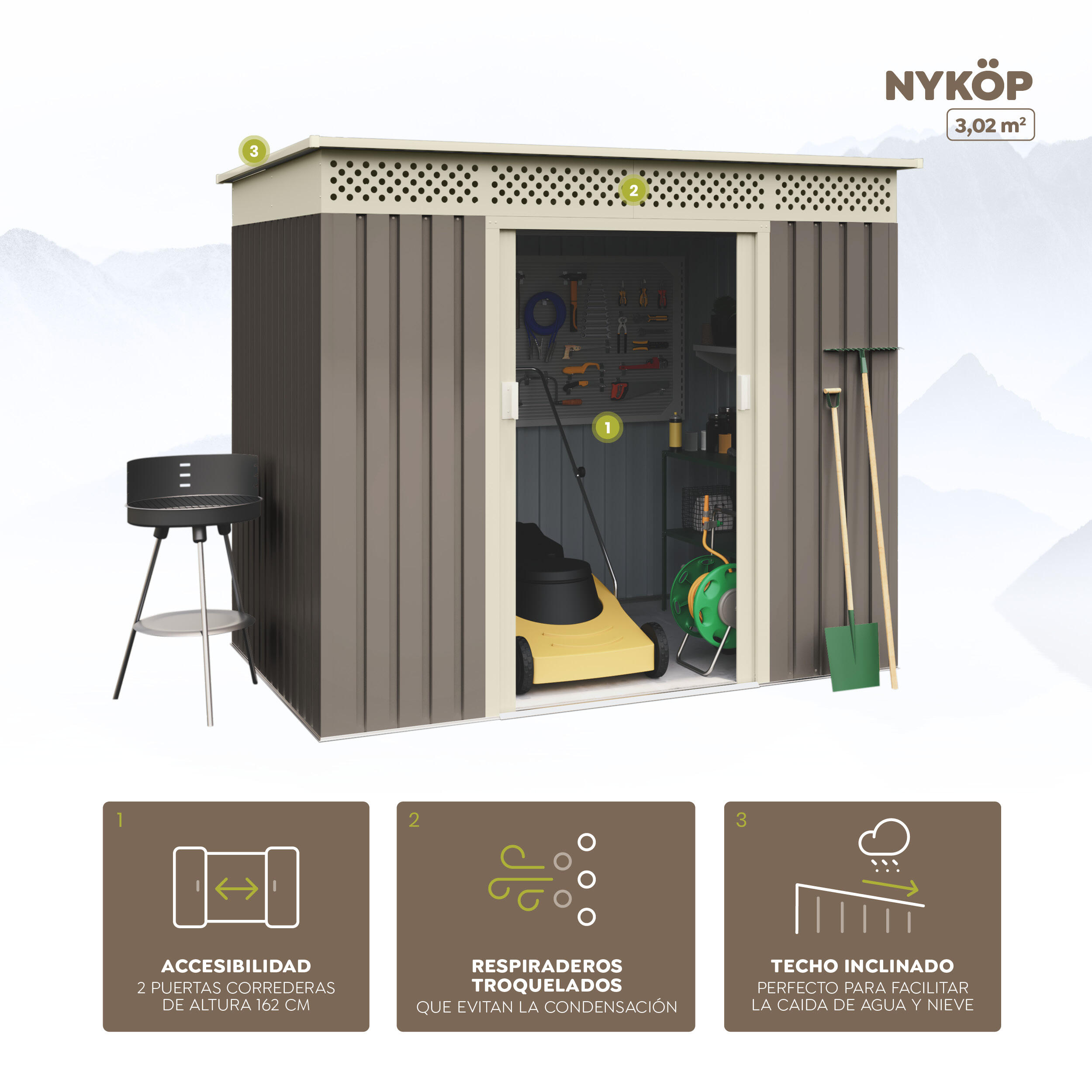 Caseta de metal Nykop de 213x184x142 cm y 3.02 m2 con 0.25 mm espesor y doble puerta corredera HOGGAR - 4