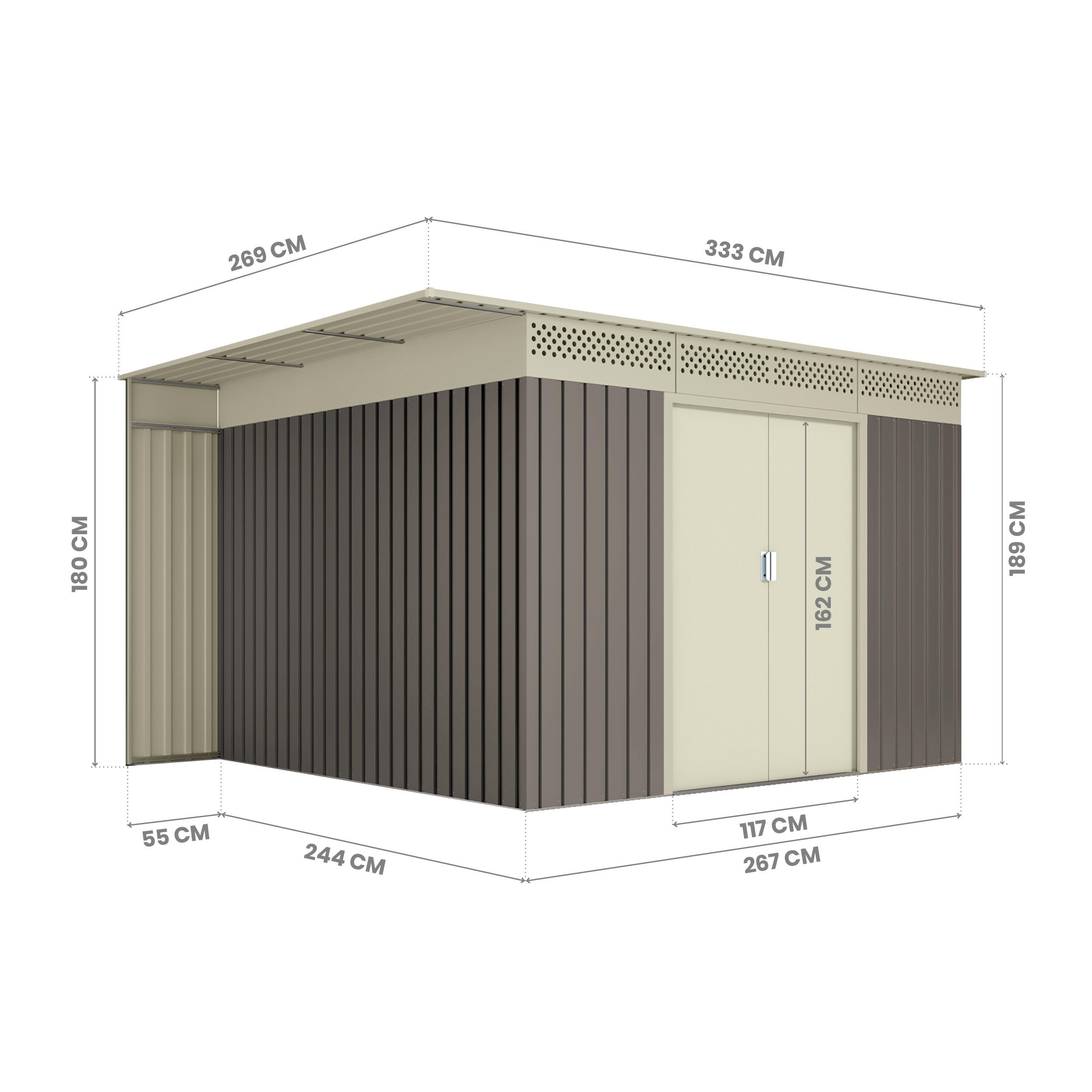 Caseta de metal OREBRO de 333x189x269 cm y 8.96 m2 con 0.25 mm espesor y doble puerta corredera HOGGAR - 2