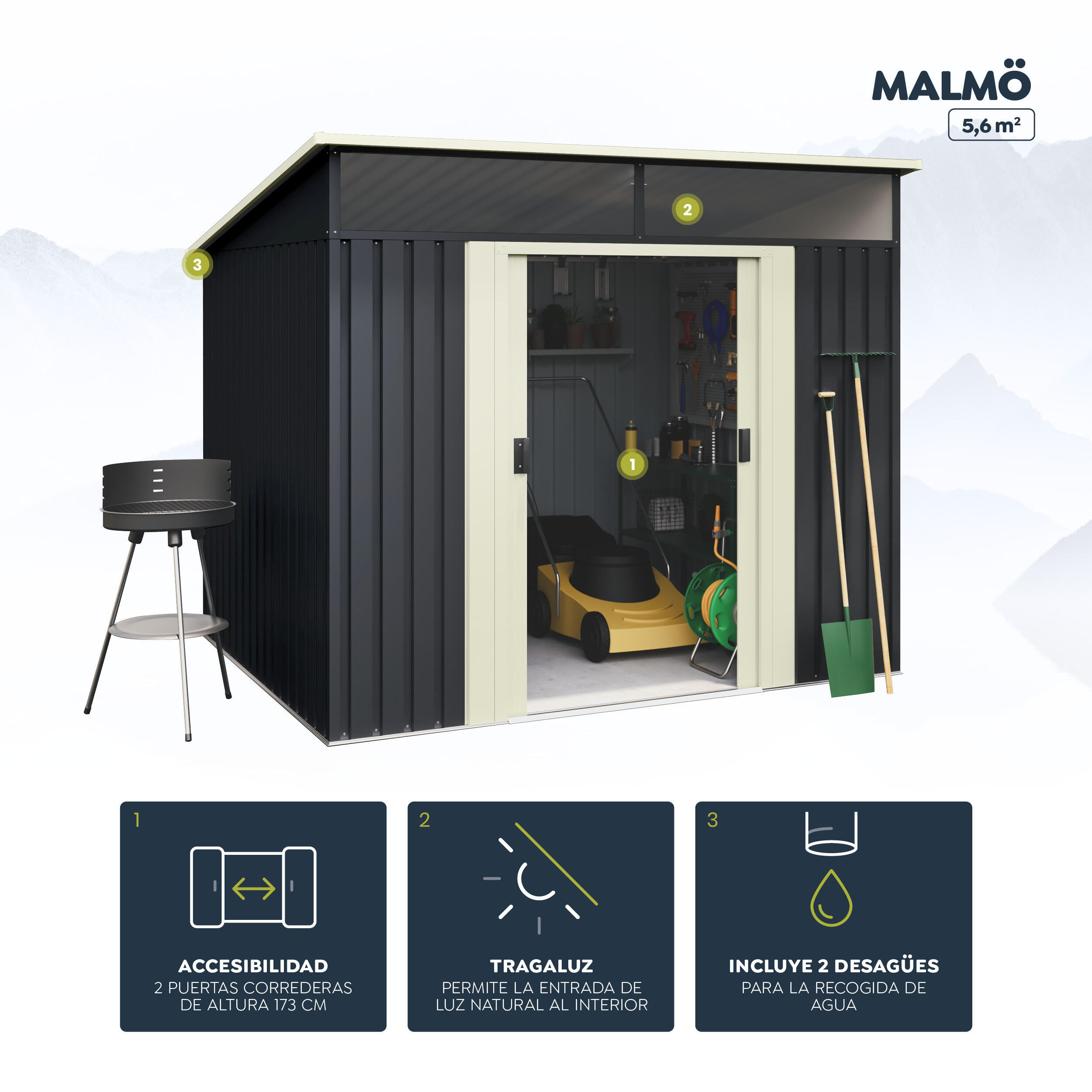 Caseta de acero Malmo II de 239x203x236 cm y 5.6 m2 con 0.25 mm espesor y doble puerta corredera HOGGAR - 5