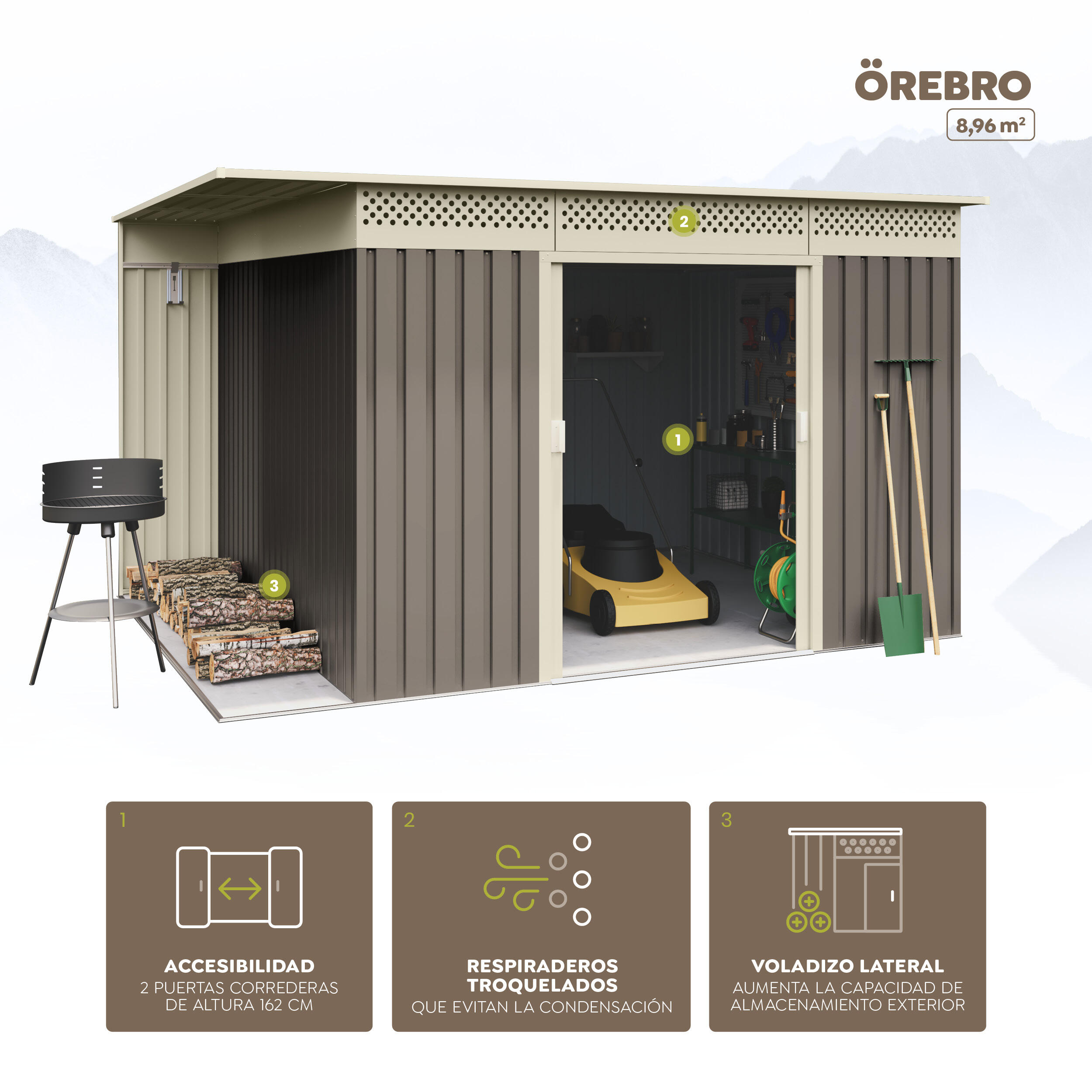 Caseta de metal OREBRO de 333x189x269 cm y 8.96 m2 con 0.25 mm espesor y doble puerta corredera HOGGAR - 9