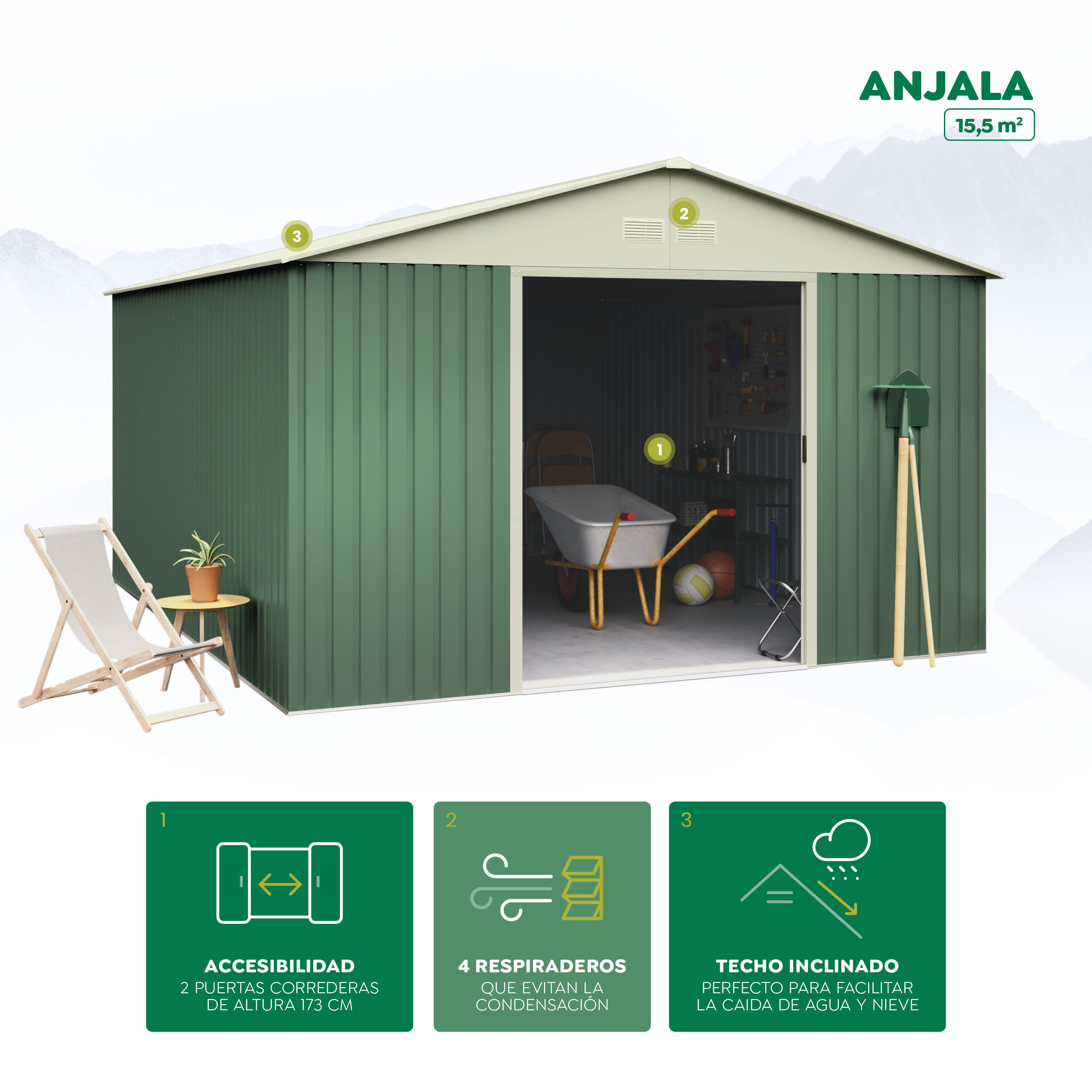 Caseta de metal Anjala de 343x223x452 cm y 15.5 m2 con 0.25 mm espesor y doble puerta corredera HOGGAR - 5