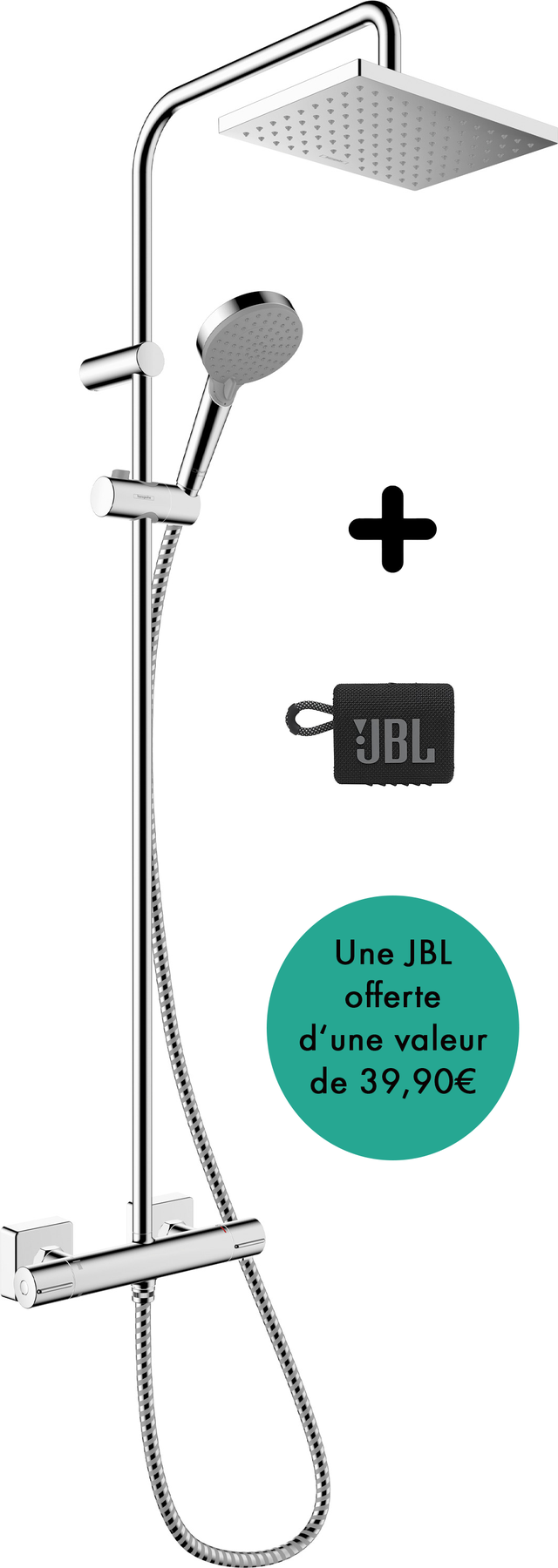 Colonne de douche thermostatique chrome + enceinte JBL Vernis Shape, HANSGROHE