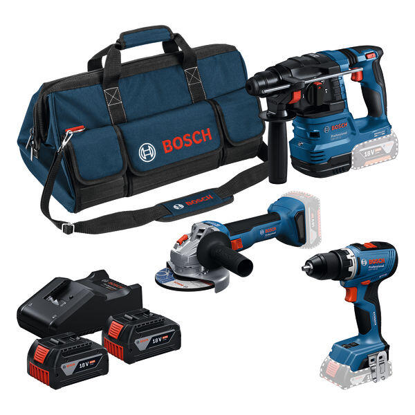 Kit 3 outils sans fil 18V : Perceuse-visseuse GSR 18V-65 + Marteau-perforateur GBH 18V-22 + Meuleuse d'angle 125mm GWS 18V-8 2X4Ah - BOSCH PROFESSIONAL - 0615A50094