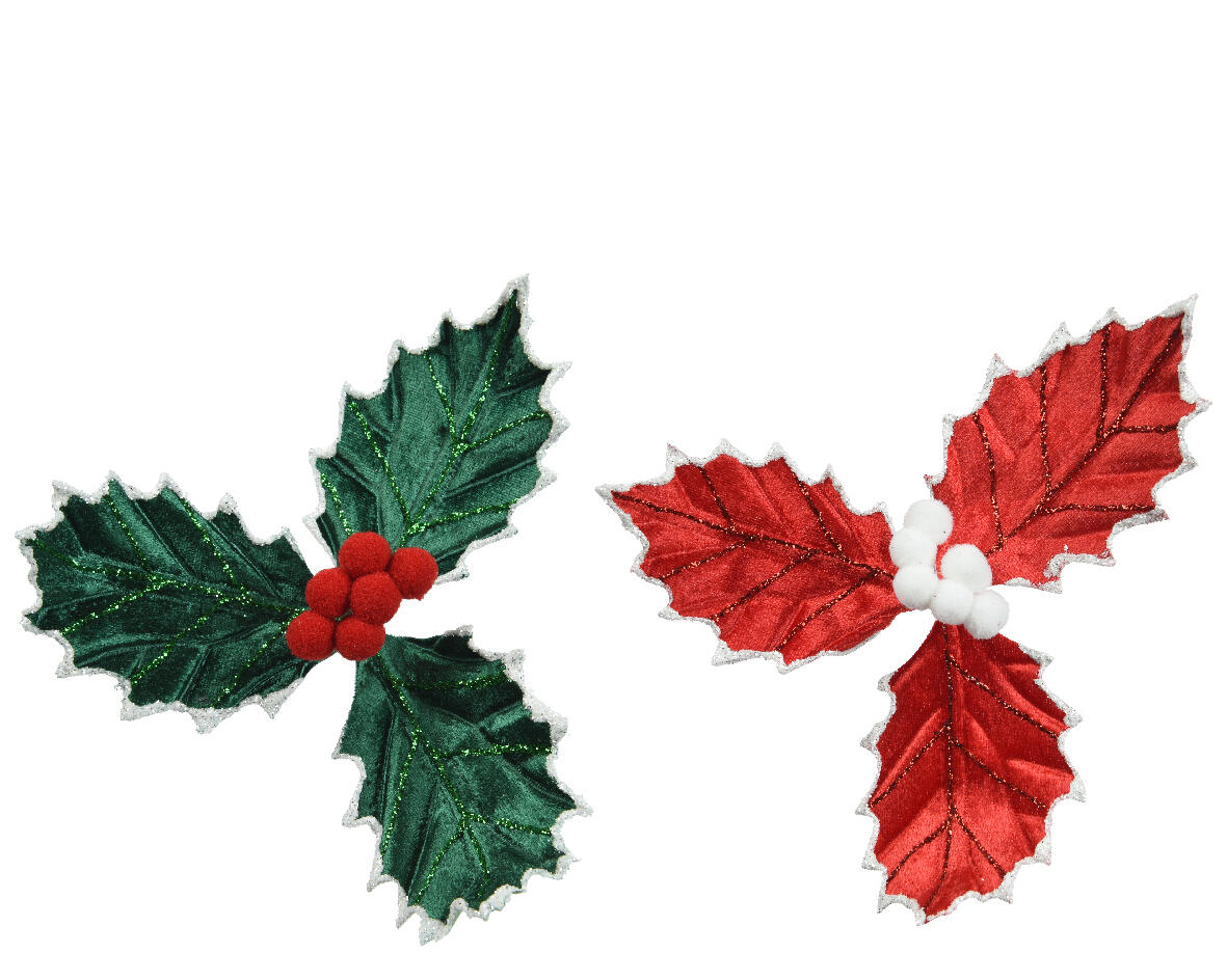 Adorno colgante clip acebo rojo verde 17 cm - 2