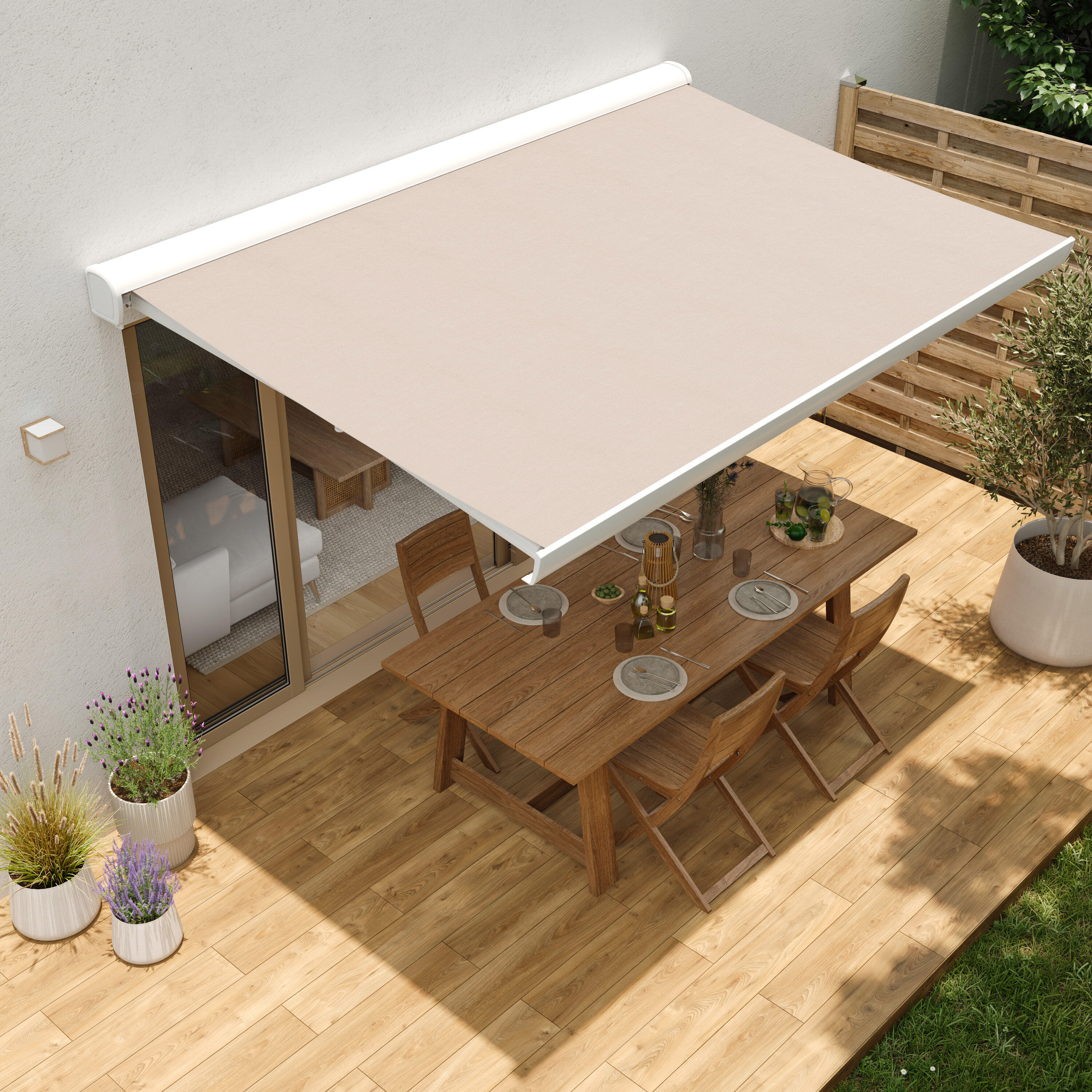 Toldo brazo extensible 3.95x3m para terraza Zefir II motorizado con mando cofre blanco tela poliéster beige - 6