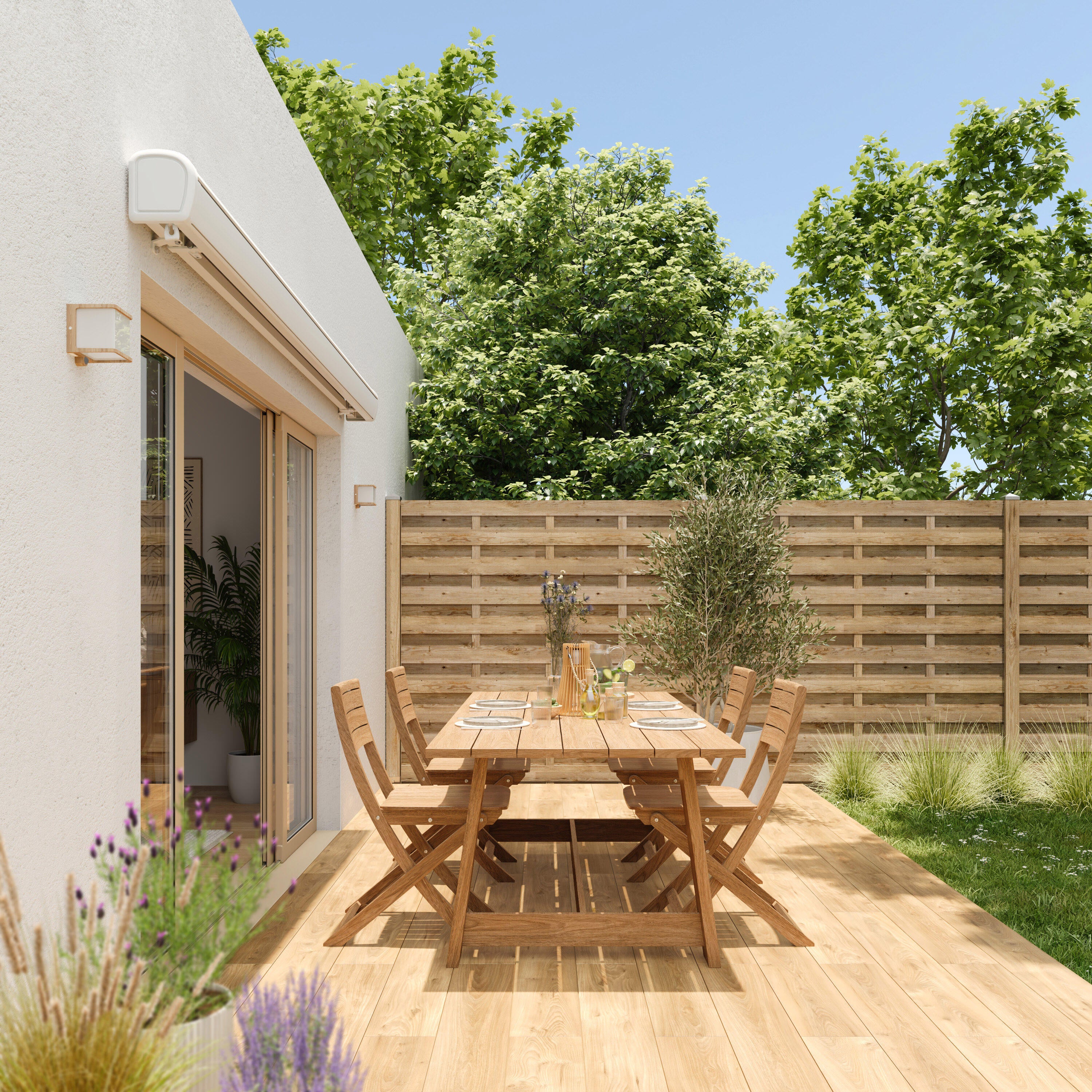 Toldo brazo extensible 3.95x3m para terraza Zefir II motorizado con mando cofre blanco tela poliéster beige - 5