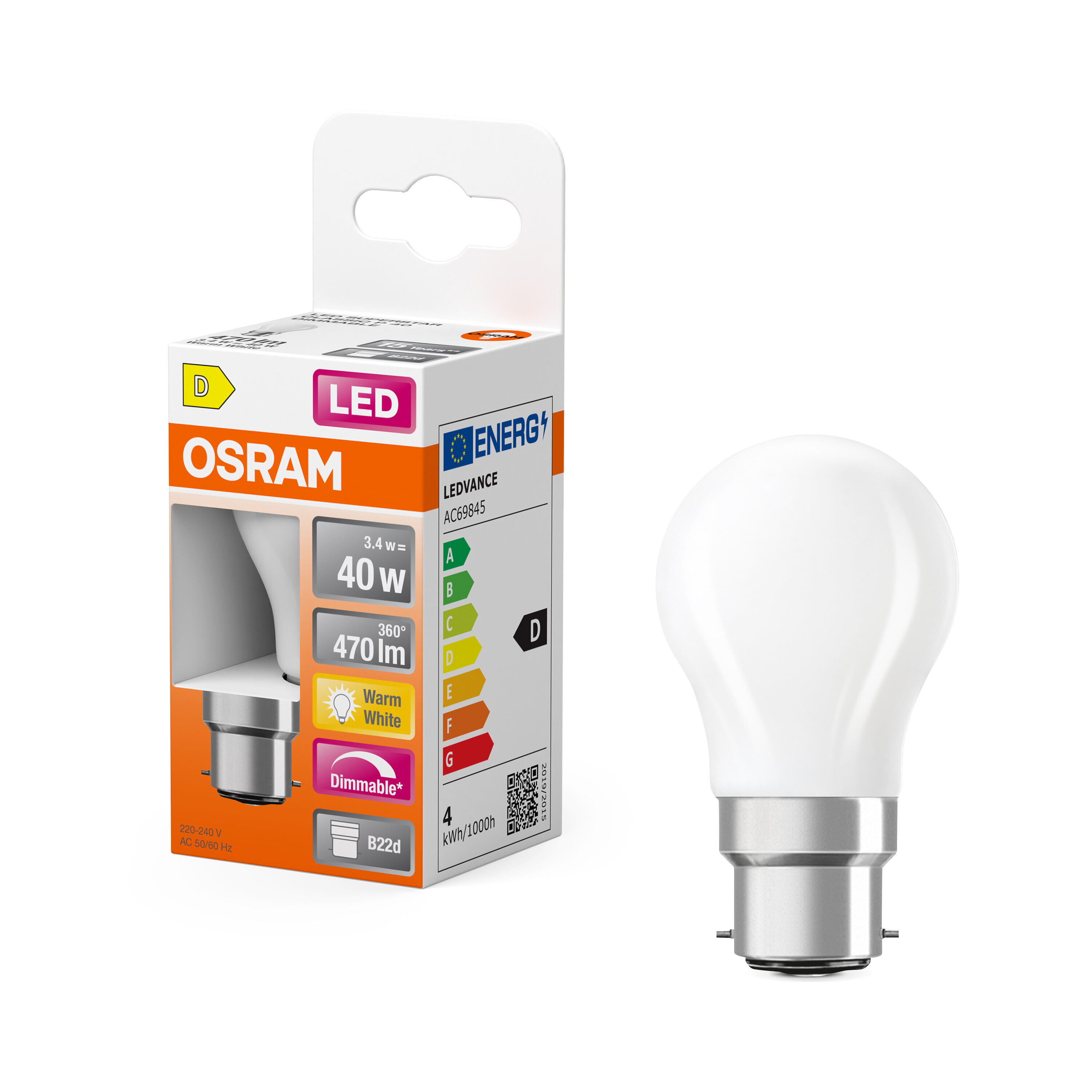 Ampoule led, sphérique B22, 470lm = 40W, blanc chaud, dimmable, OSRAM - 2