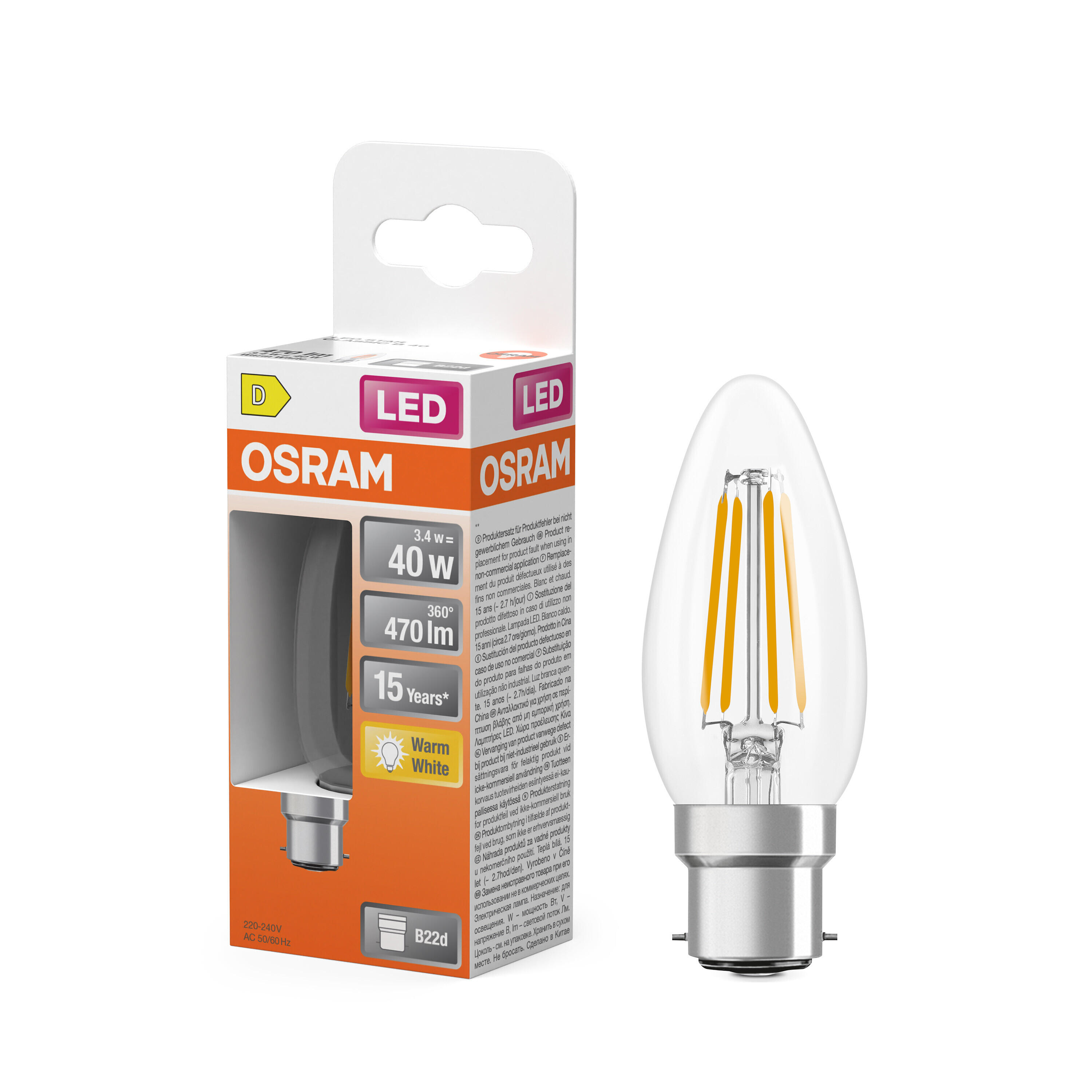 Ampoule led, flamme B22, 470lm = 40W, blanc chaud, OSRAM - 2