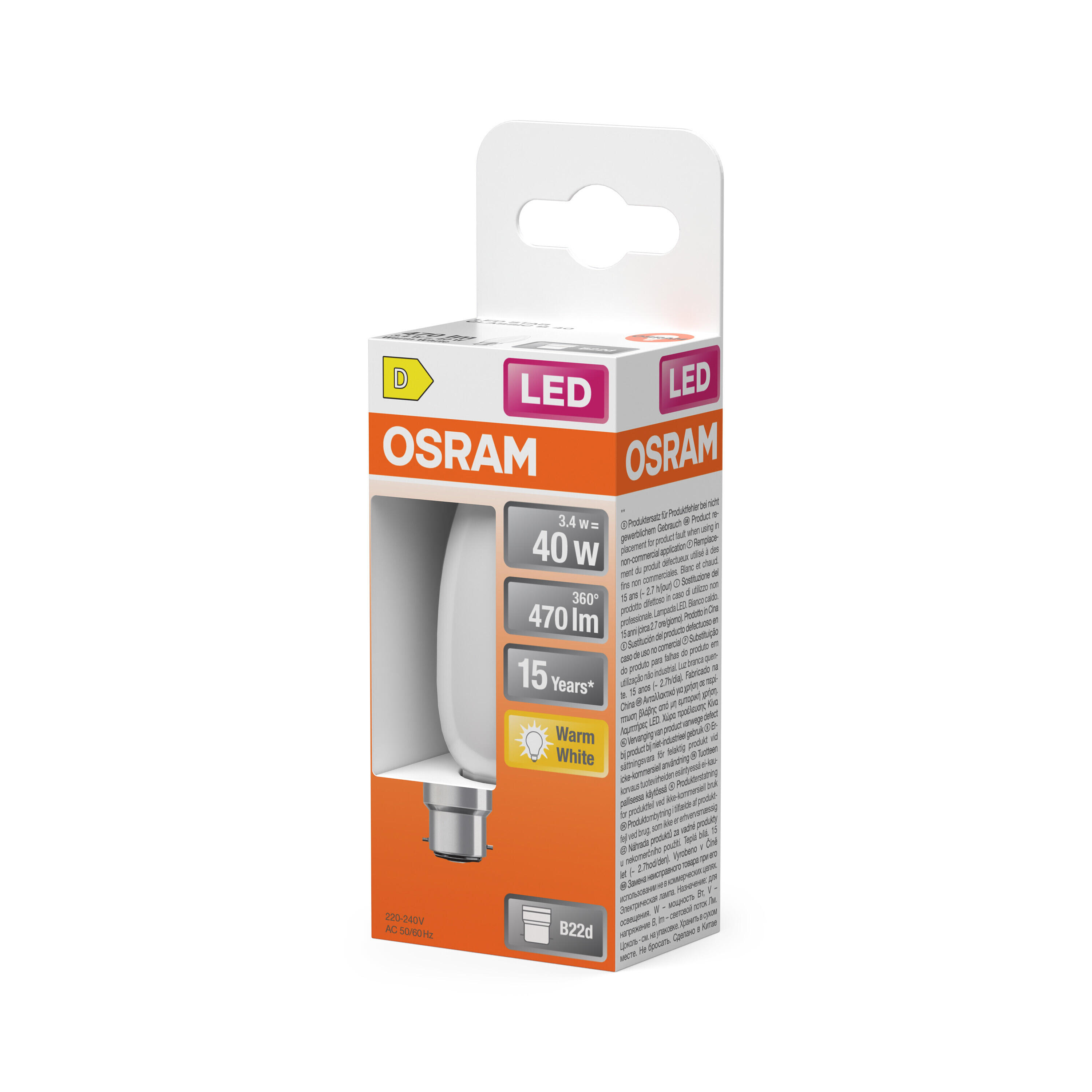 Ampoule led, flamme B22, 470lm = 40W, blanc chaud, OSRAM - 2