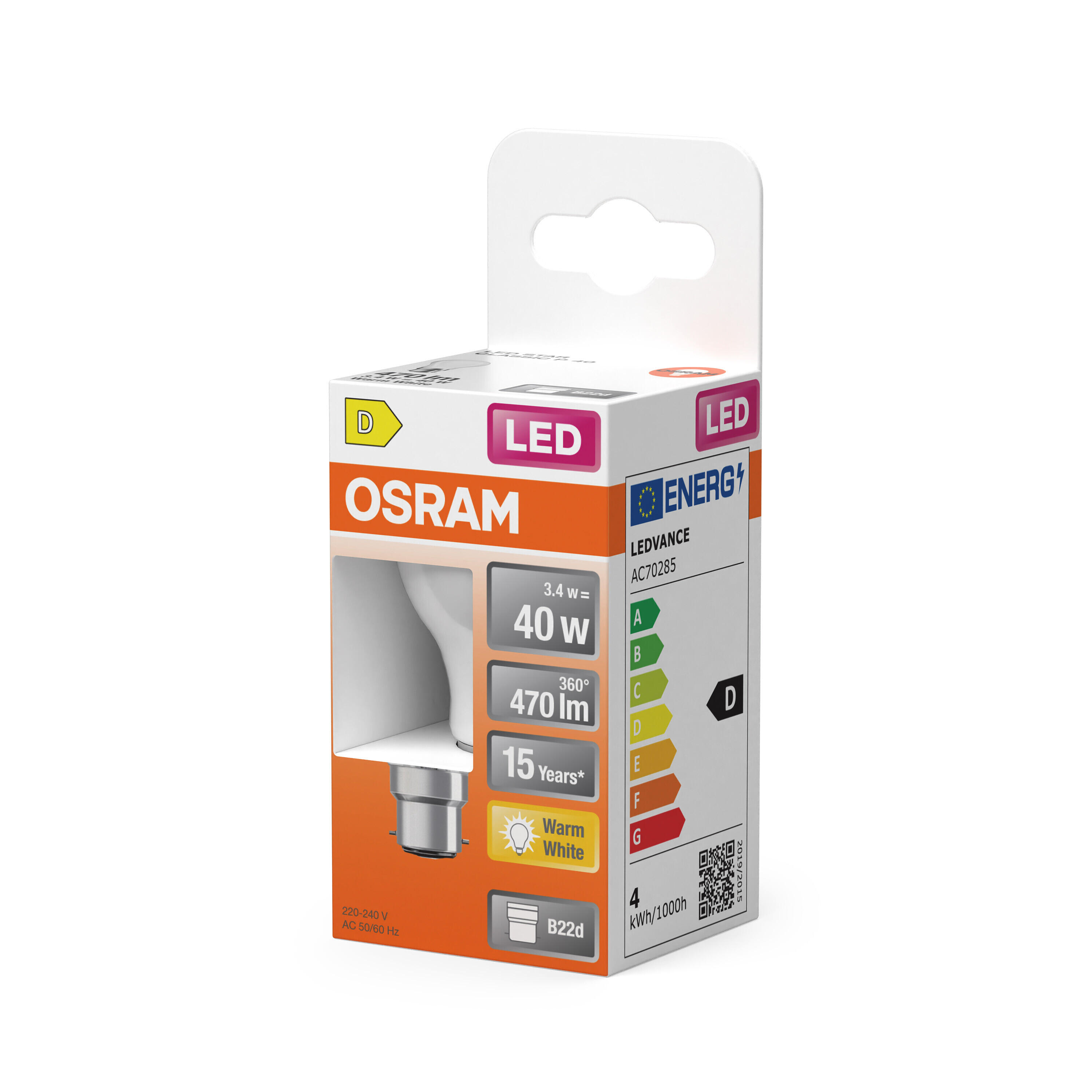 Ampoule led, sphérique B22, 470lm = 40W, blanc chaud, OSRAM - 2