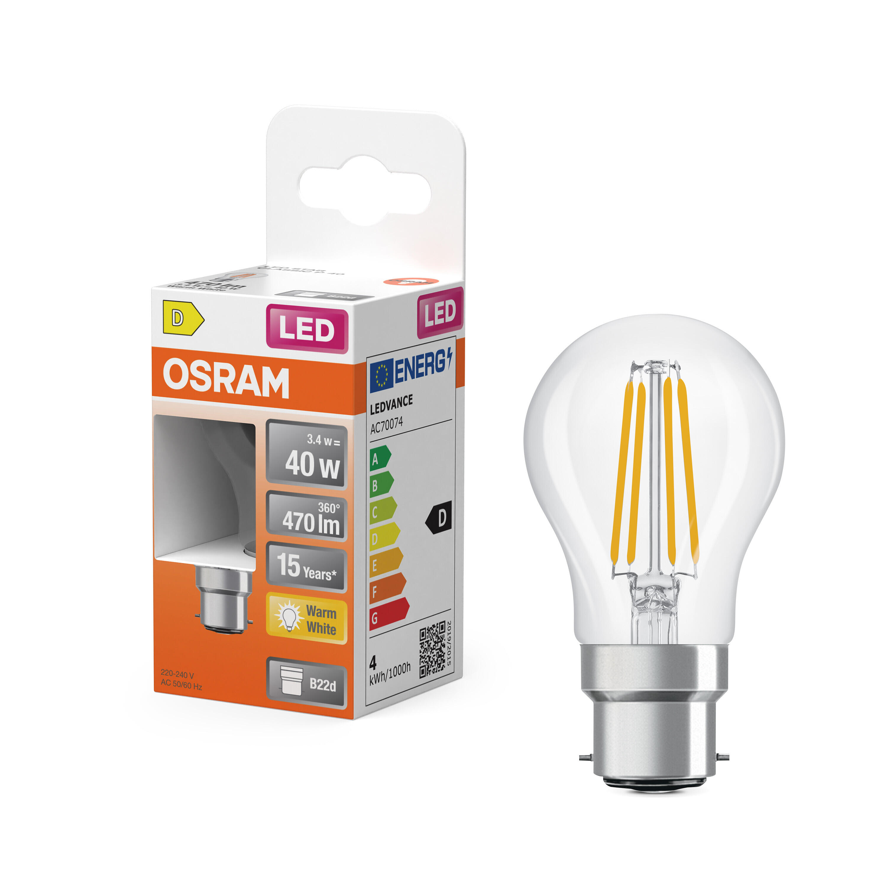 Ampoule led, sphérique B22, 470lm = 40W, blanc chaud, OSRAM - 2
