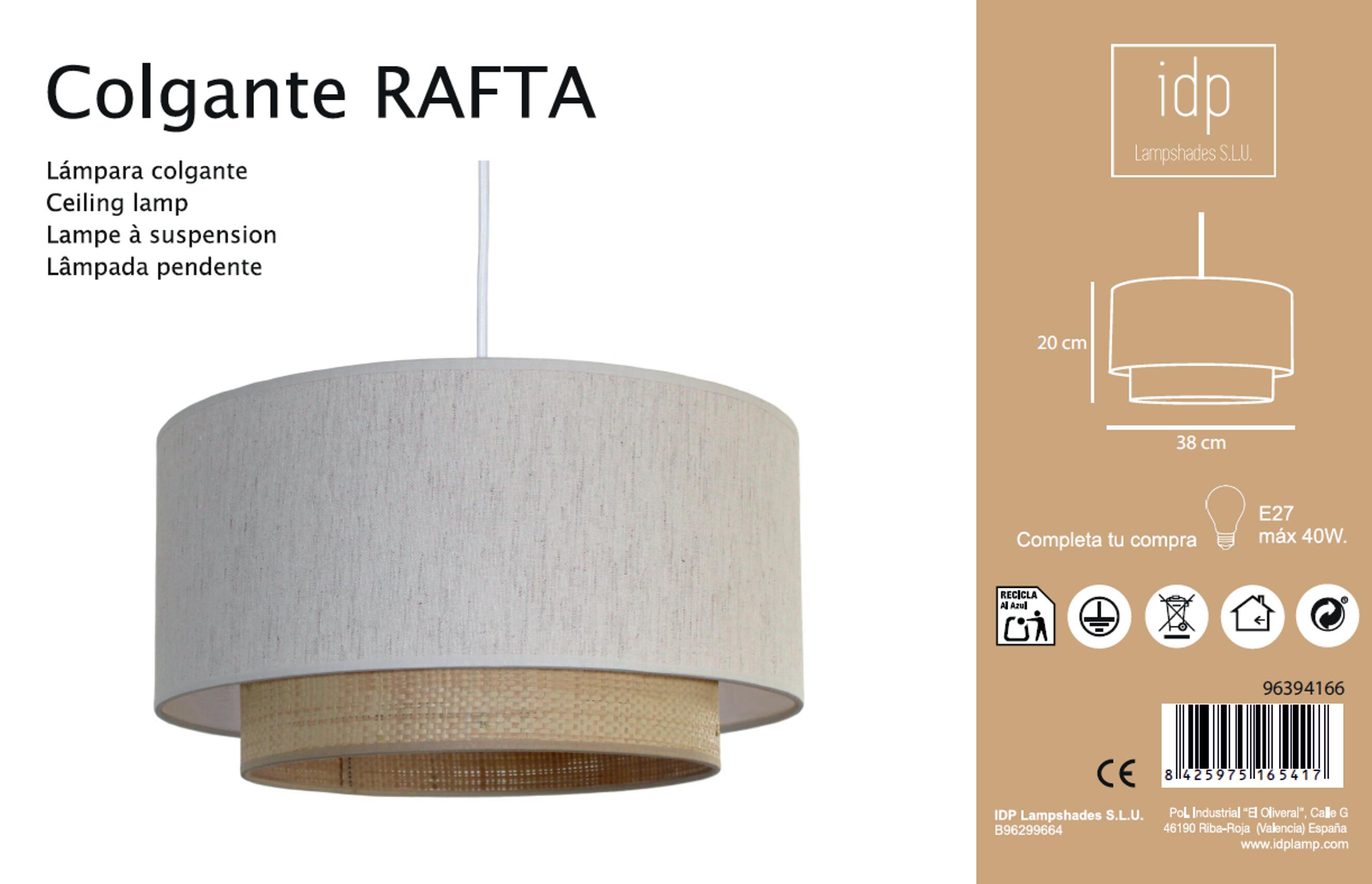 Lámpara de techo colgante de rafia y lino blanca ø38 cm Rafta IDP 1 luz E27 con altura regulable. Altura máxima 130 cm - 6