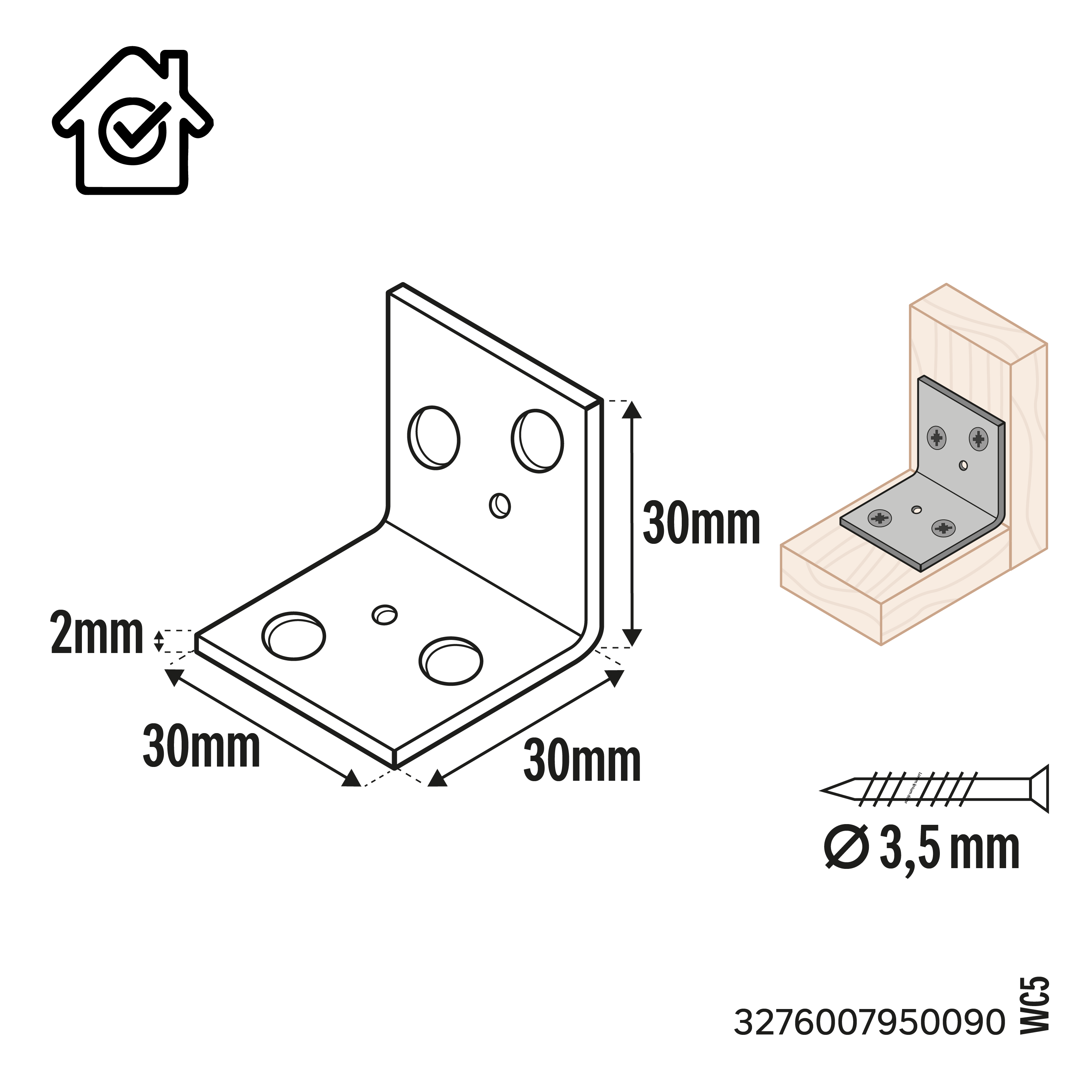 Kątownik do drewna ocynkowany 30x30x30 mm - 2
