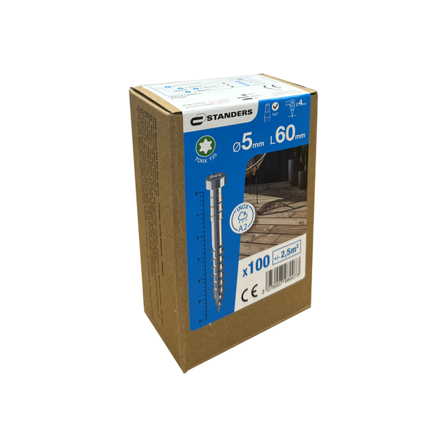 100 vis acier inoxydable tête cylindrique torx STANDERS, A2 Ø5 x L.60 mm +Embout