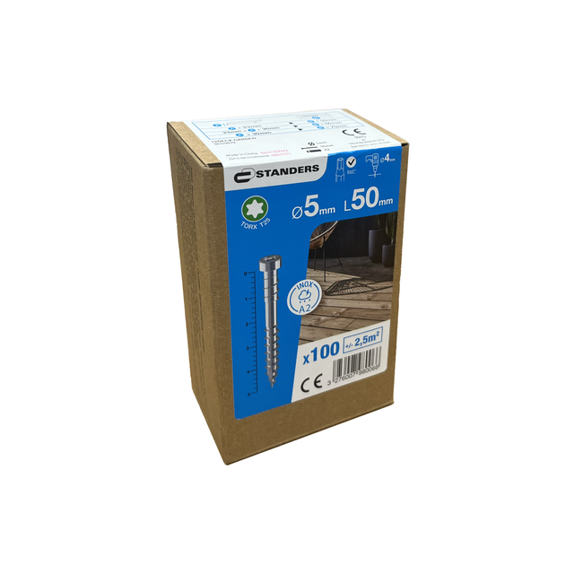 100 vis acier inoxydable tête cylindrique torx STANDERS, A2 Ø5 x L.50 mm +Embout