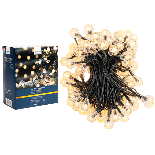 Lampki choinkowe zewnętrzne 100 LED efekt mrożonego szkła, ciepłe białe EUROHIT