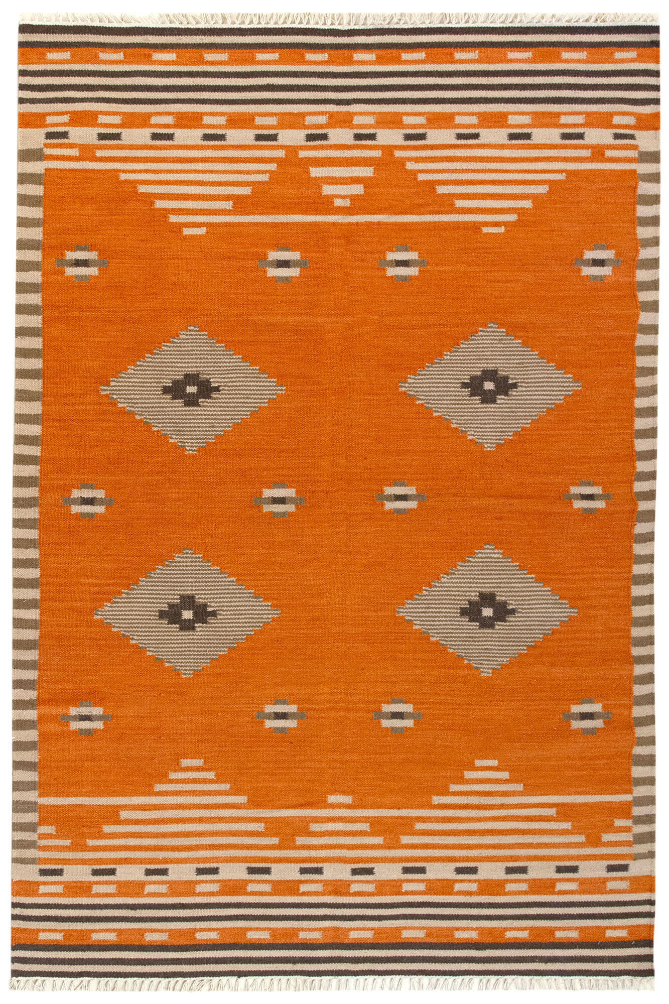 Alfombra pie de cama lana Kilim Azteca 110x60cm tejido plano TAKOR NUEVO ORIENTE geométrico naranja - 8