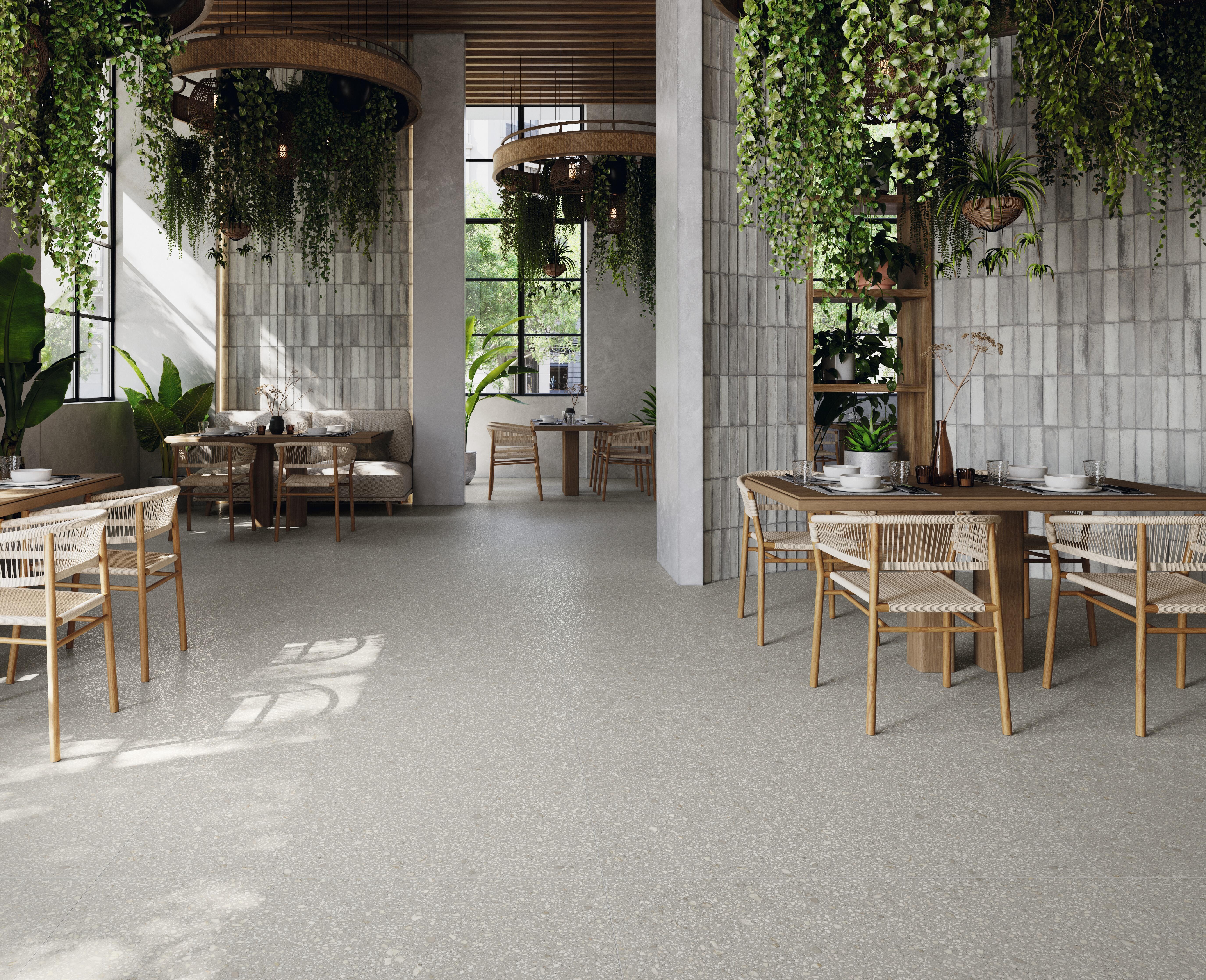 Suelo porcelánico santorini efecto terrazo perla, gris y blanco 120x120 cm c3 grespania