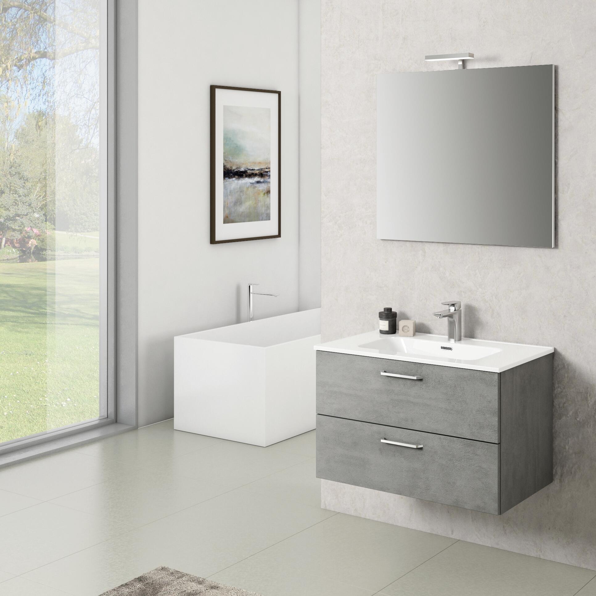 Mobile bagno sospeso con lavabo e specchio e illuminazione L 80 x H 55 x P 45.5 cm cemento 2 cassetti per vasca centrale Noa - 2