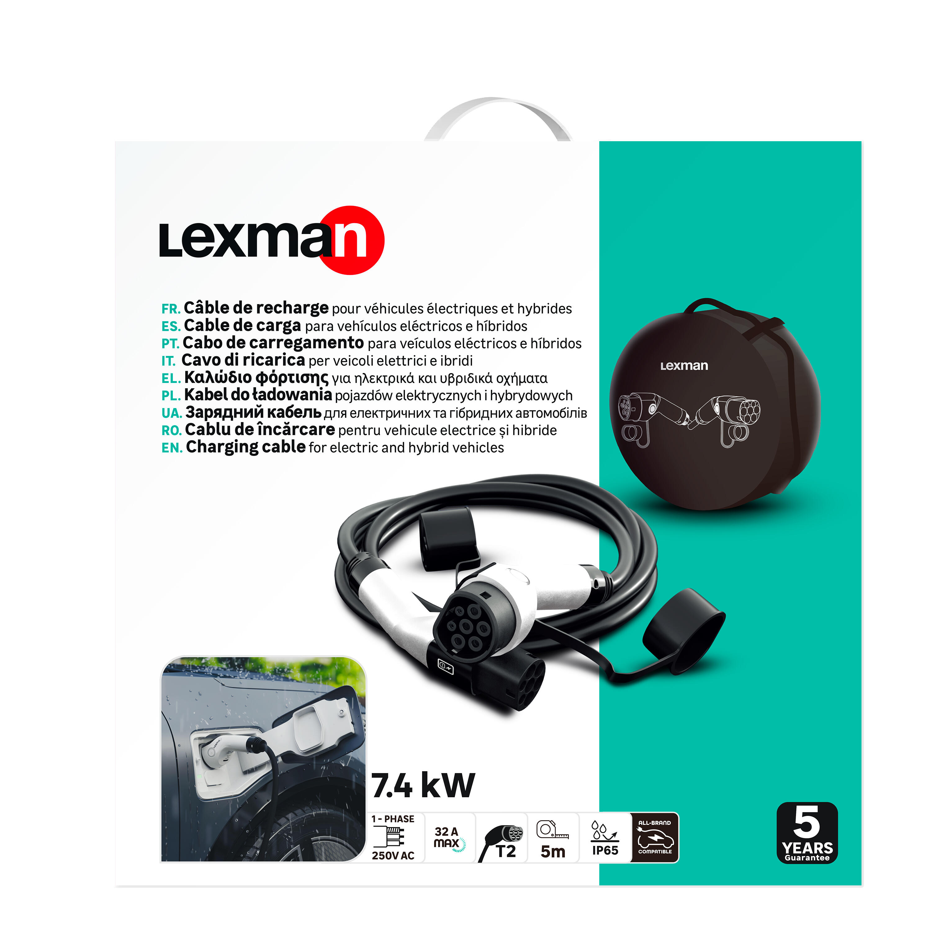Cabo carregamento veiculo eletrico monofasico LEXMAN 32 A 5 metros tipo 2 - 9