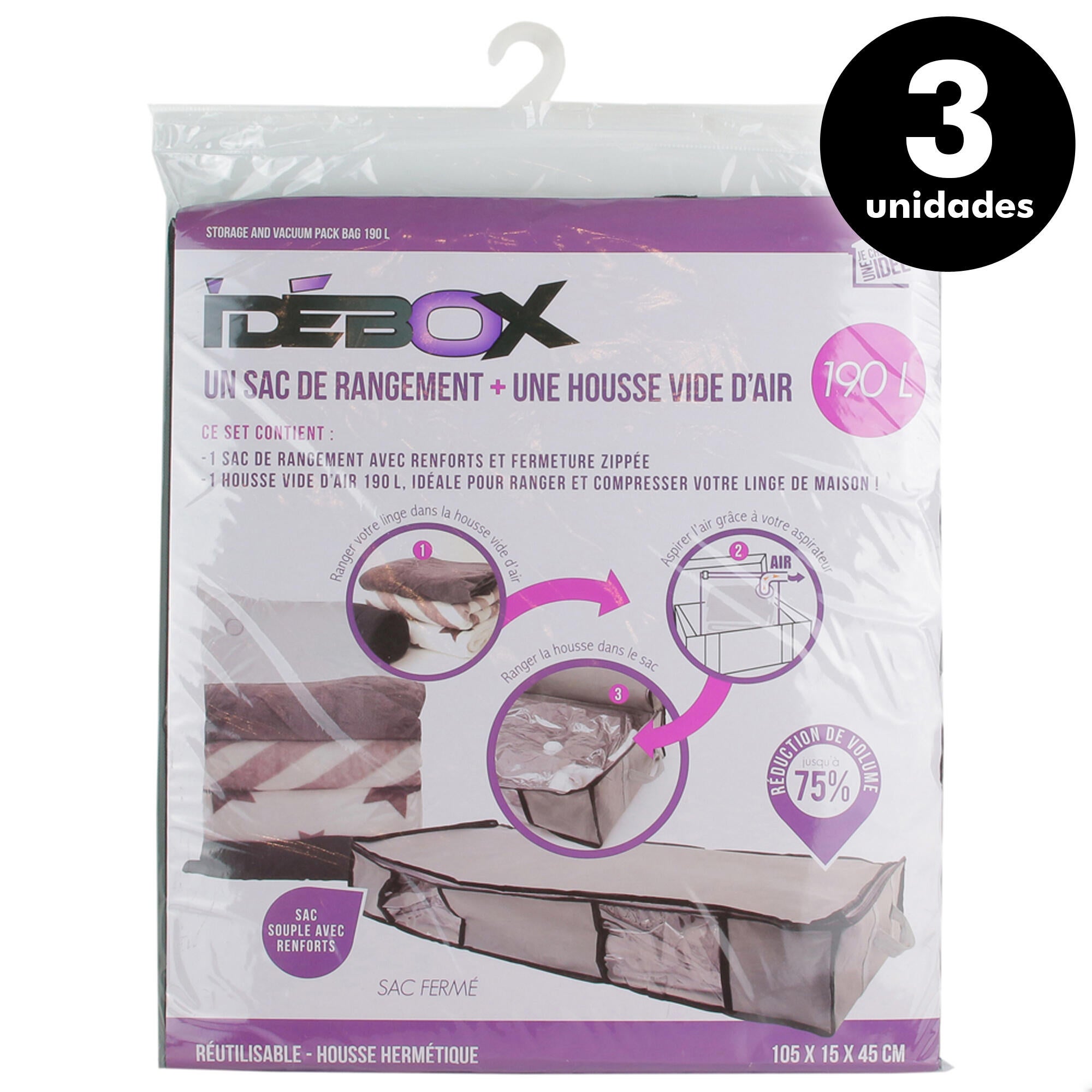 Pack de 3 cajas de ordenación con bolsa de aspiración de 190 litros