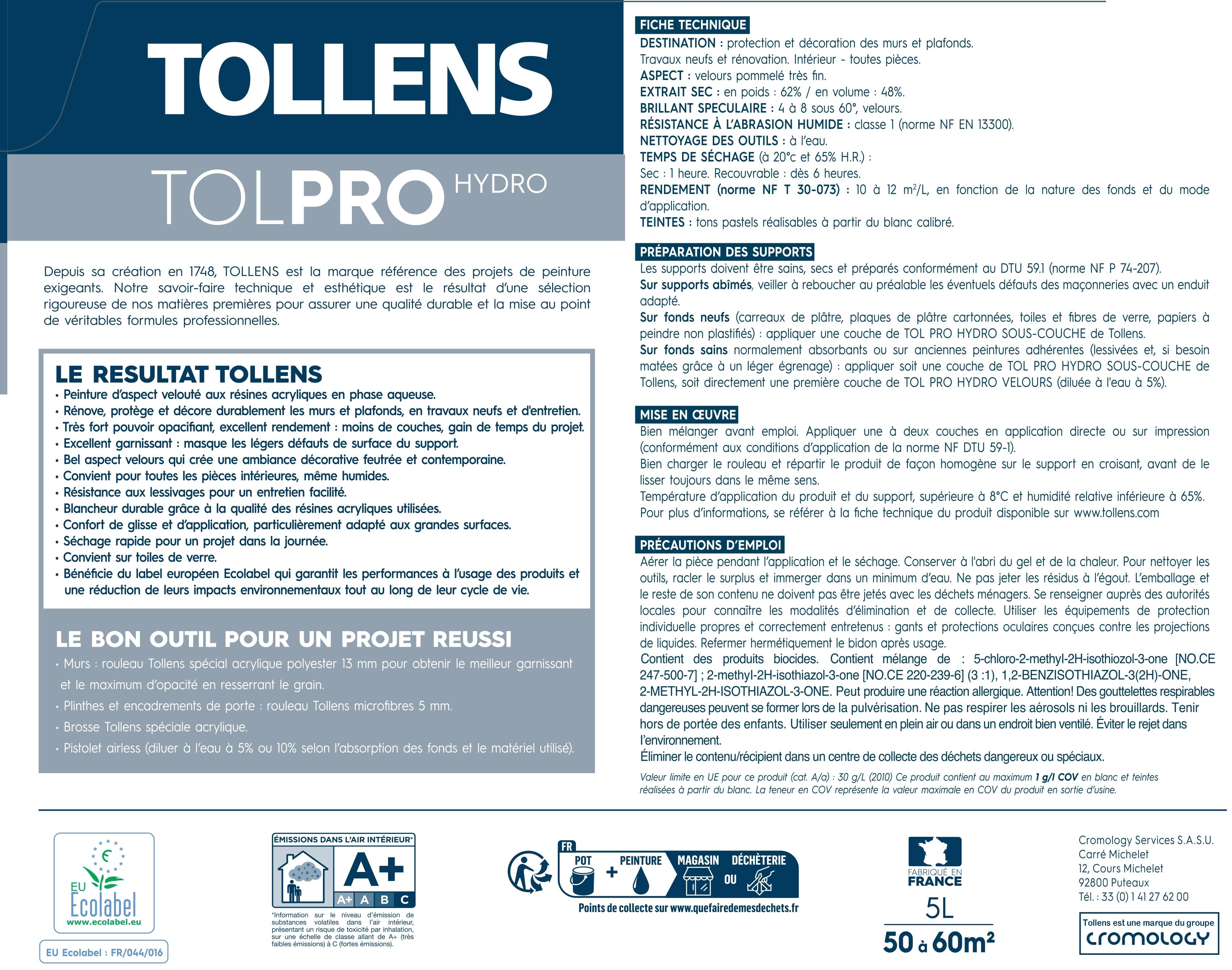 Peinture mur, plafond blanc velours TOLLENS Tolpro hydro 5L - 5
