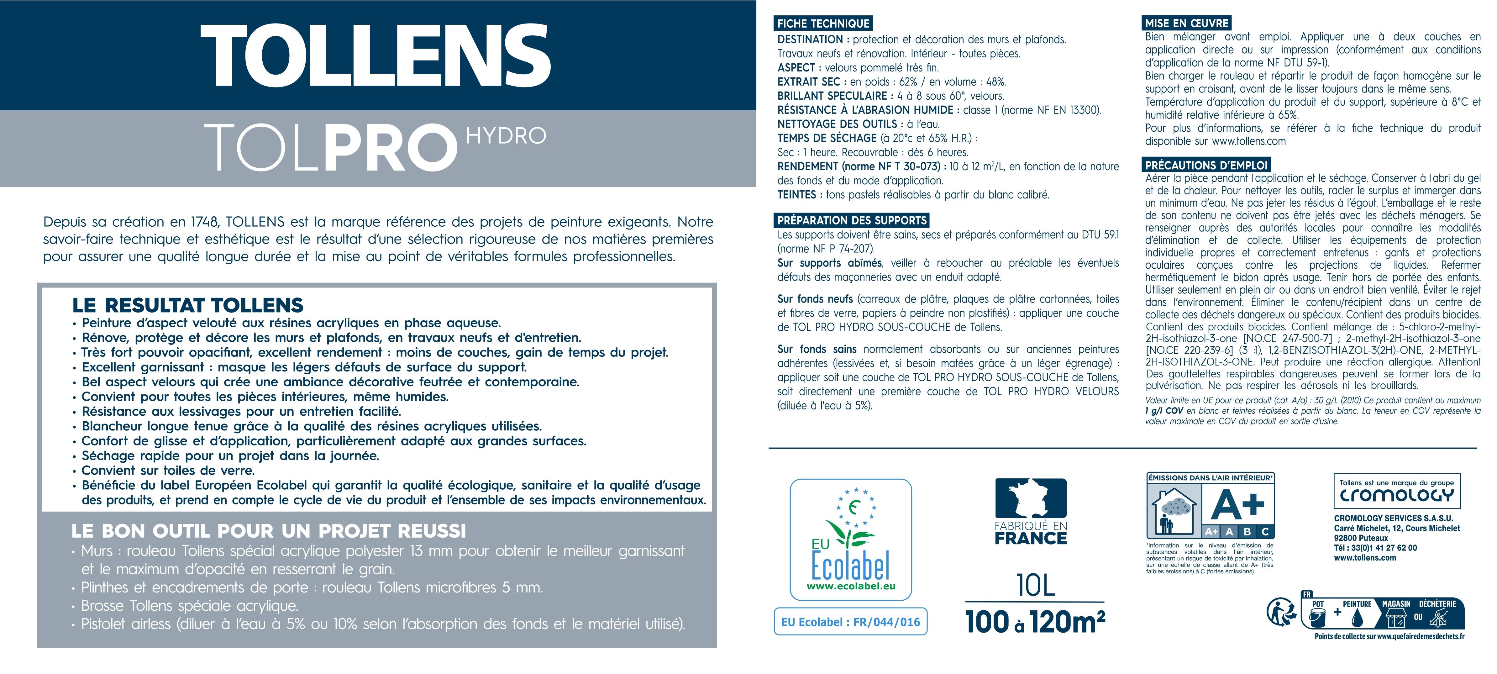 Peinture mur et plafond blanc velours TOLLENS Tollens tolpro hydro velours 10l 1 - 8