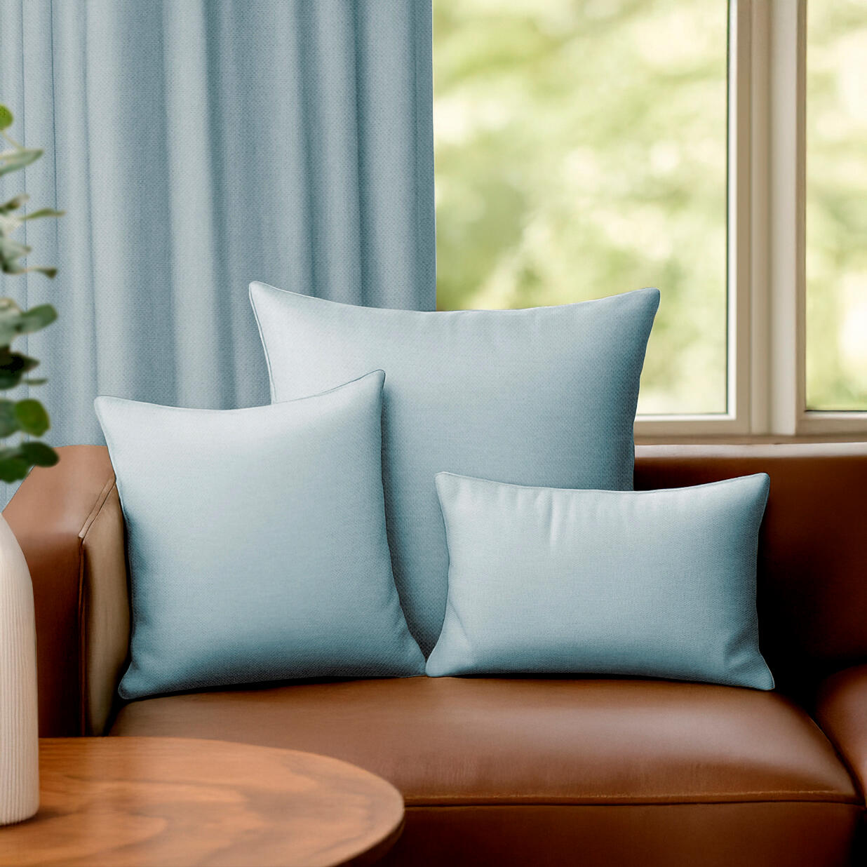 Funda de cojín cuadrada Pharell algodón poliéster liso azul fjord doble cara overlock y cosido con cremallera INSPIRE 60 x 60 cm - 7