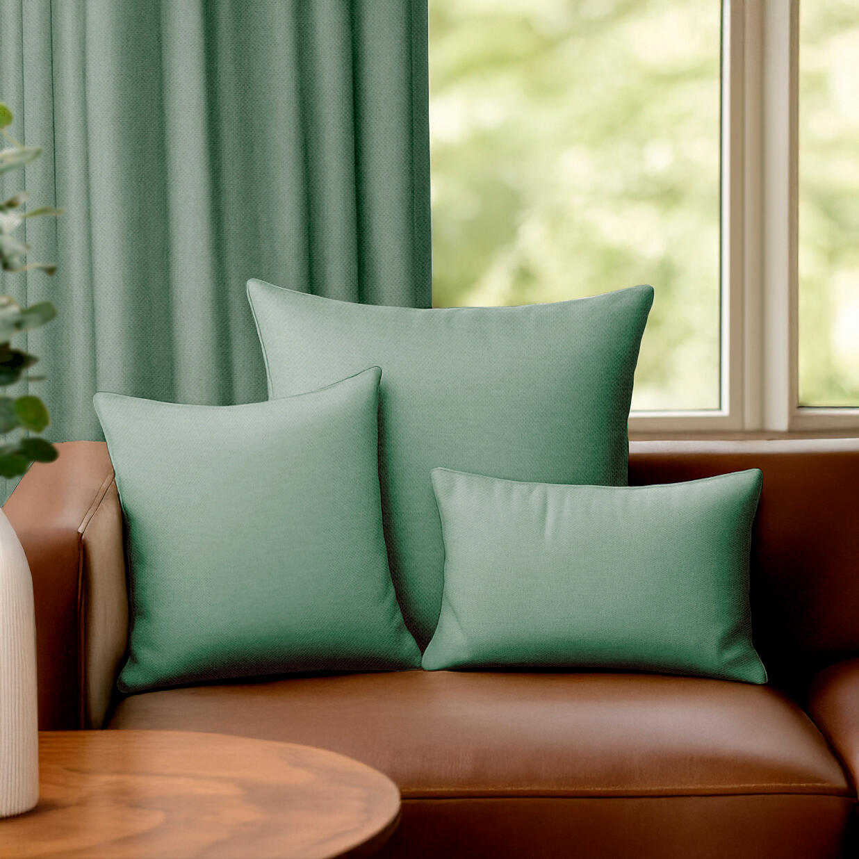 Funda de cojín cuadrada Pharell algodón poliéster liso verde cactus doble cara overlock y cosido con cremallera INSPIRE 60 x 60 cm - 6