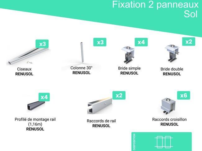 Kit de fixation panneau solaire sol/toit plat 30°, 2 pnx, pose portrait, RENUSOL - 10