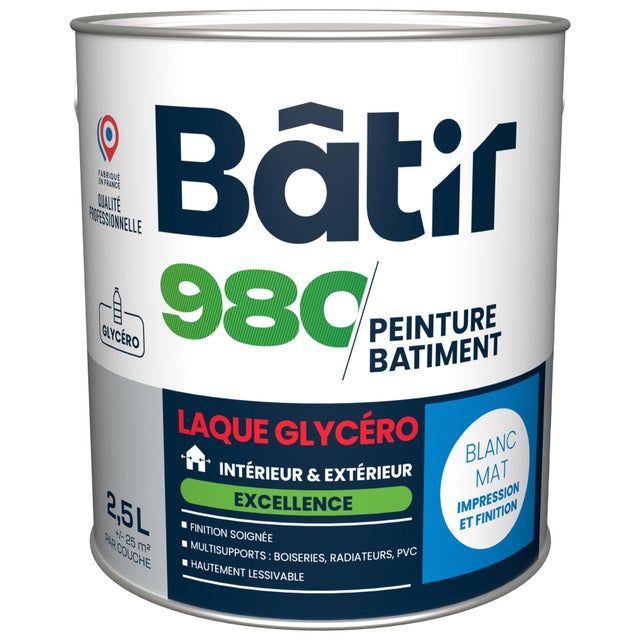 Peinture intérieure mur et plafond blanc mat glycéro 2,5 L - BATIR 980