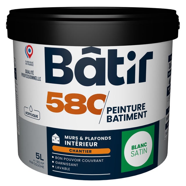 Peinture intérieure mur et plafond blanc satin 5 L - BATIR 580