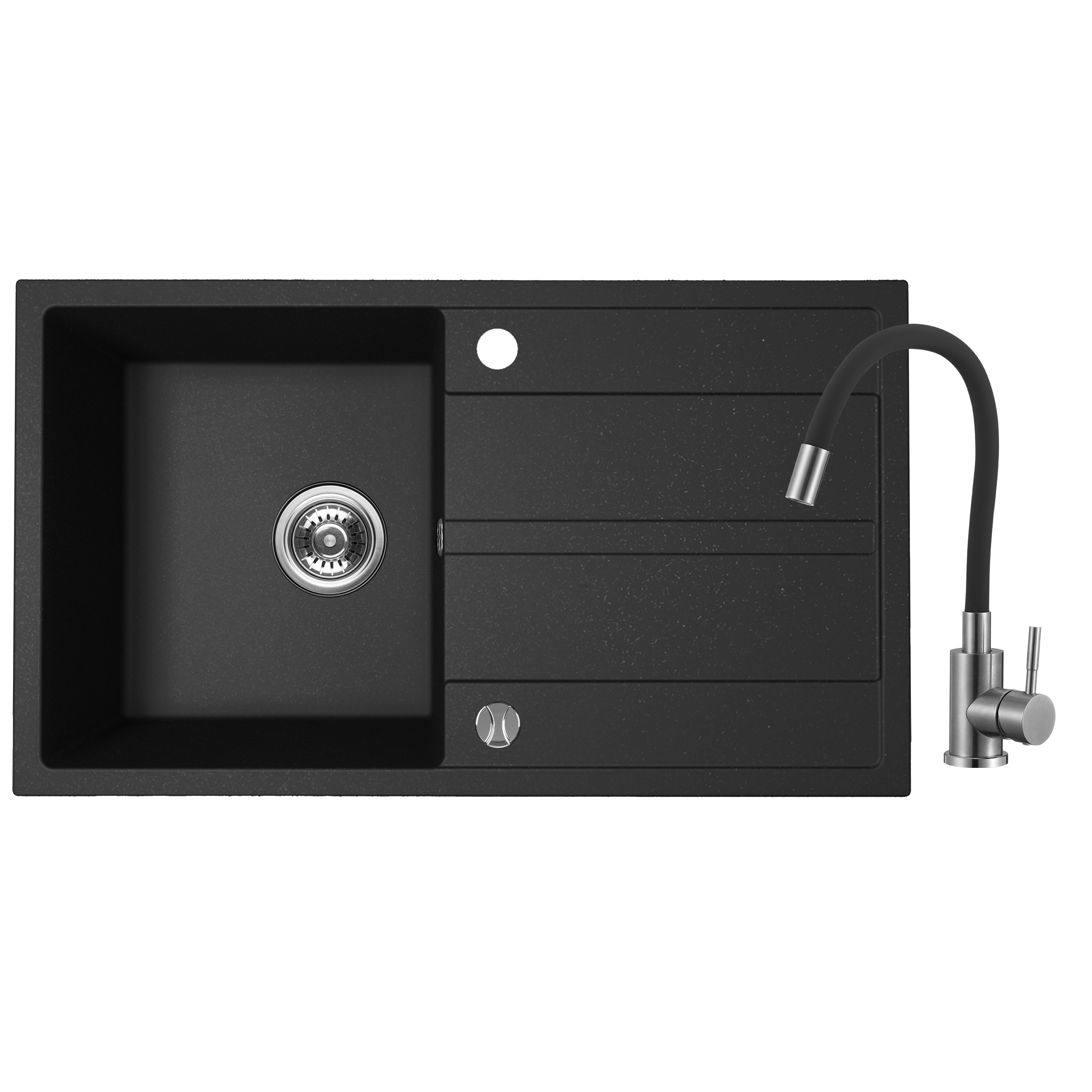 Zlewozmywak granitowy Hack czarny 76 cm z baterią elastyczną Kuchinox