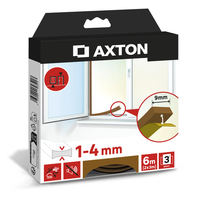 Burlete para ventanas y puertas AXTON adhesivo en color marrón,  9 mm de anchura x 6 m de longitud. Impide el paso del agua. Perfil junta plano. Recortable. Tipo de instalación encolado.