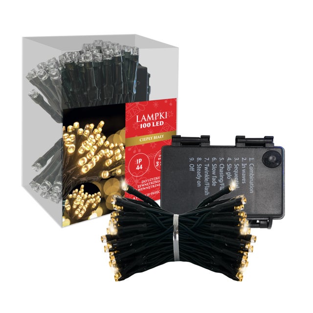 Lampki choinkowe zewnętrzne 100 LED 8 funkcji, programator, mix na baterie EUROHIT